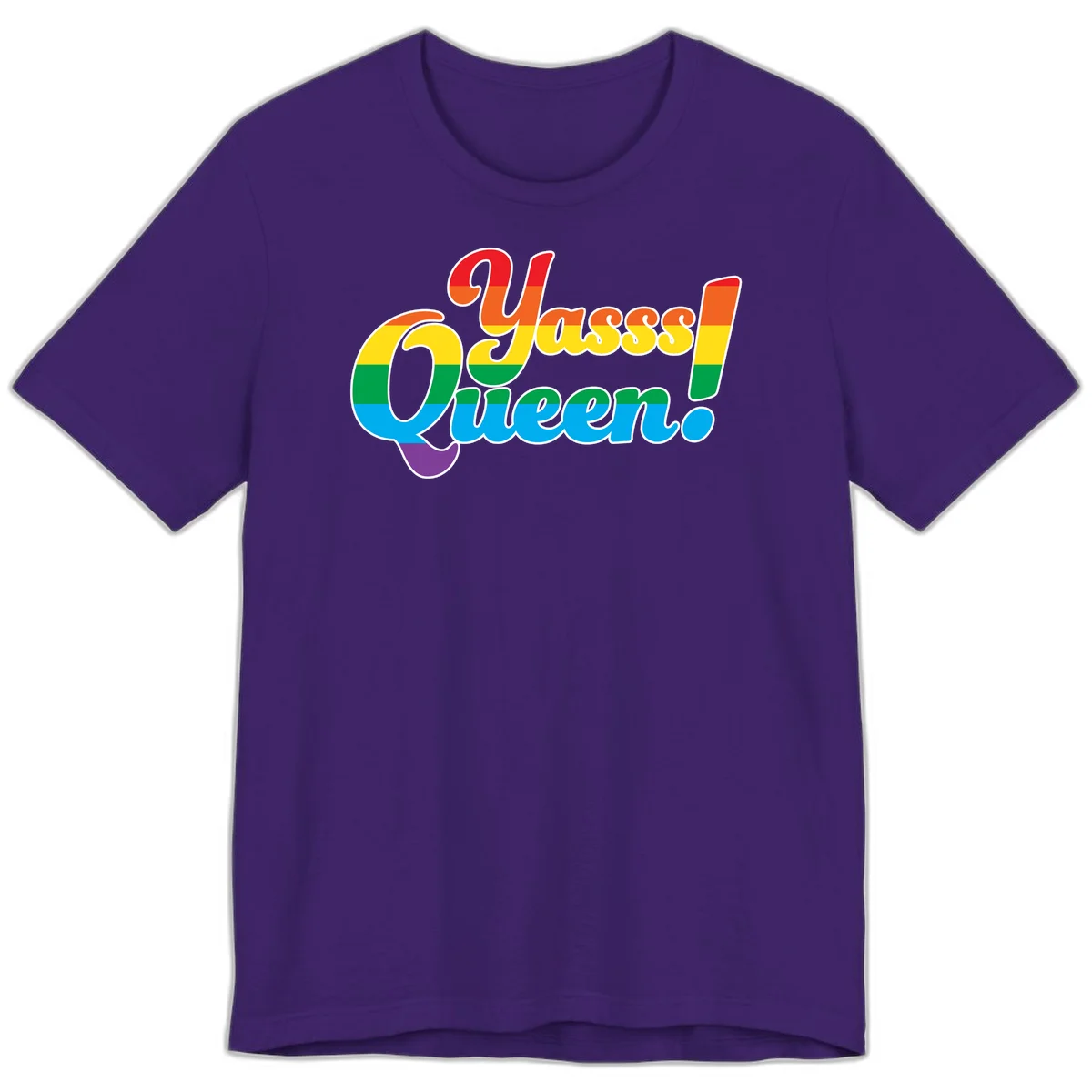 Rainbow pride flag striped text reading 'Unapologetically Queer!' with bold white outline on gray background in Team Purple