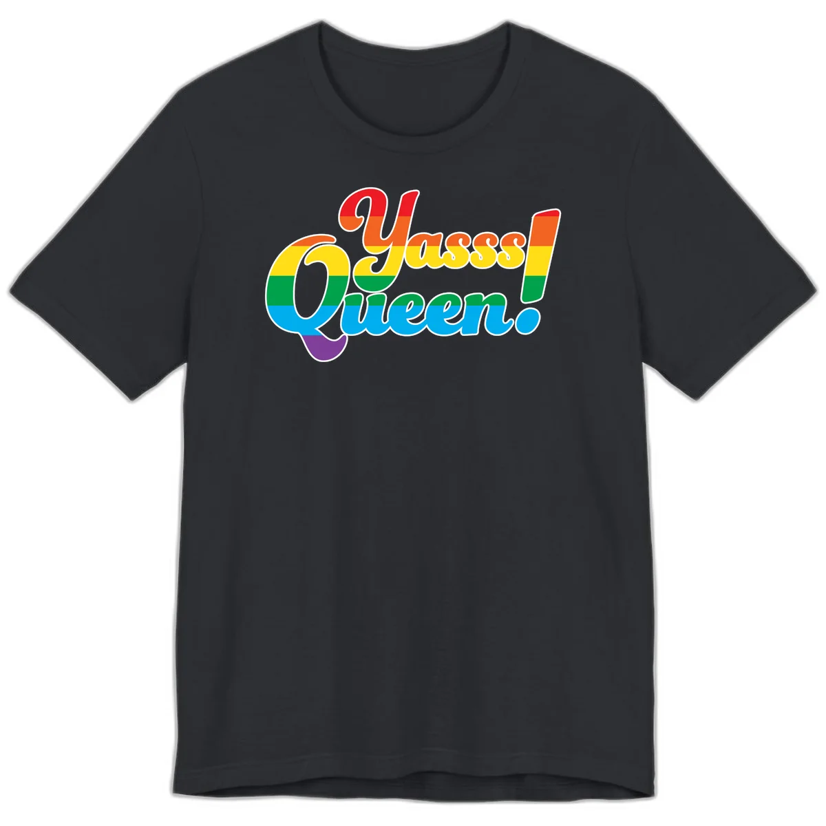 Rainbow pride flag striped text reading 'Unapologetically Queer!' with bold white outline on gray background in Vintage Black
