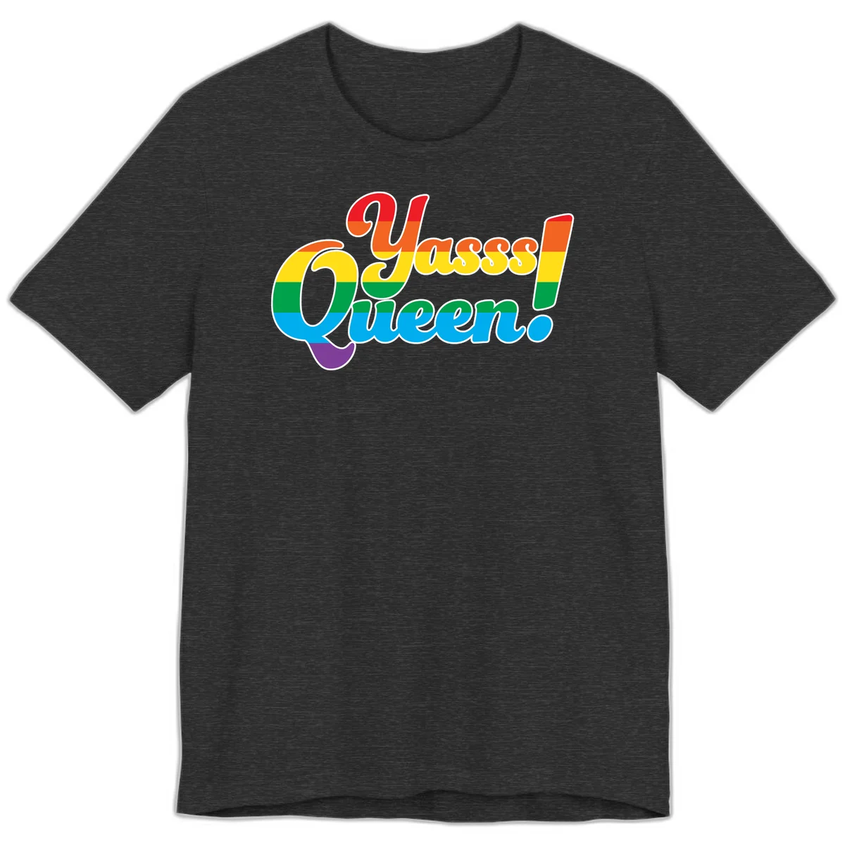 Rainbow pride flag striped text reading 'Unapologetically Queer!' with bold white outline on gray background in Dark Grey Heather