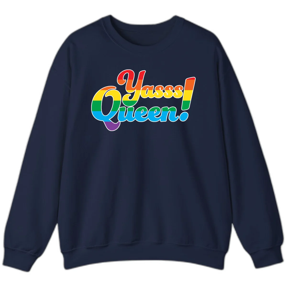 Rainbow pride flag striped text reading 'Unapologetically Queer!' with bold white outline on gray background in Navy