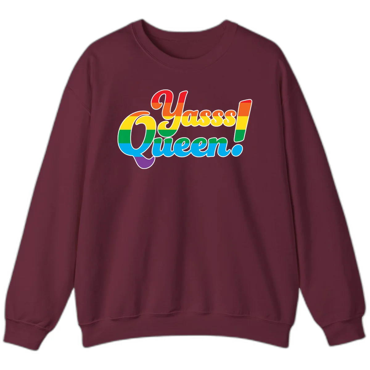 Rainbow pride flag striped text reading 'Unapologetically Queer!' with bold white outline on gray background in Maroon