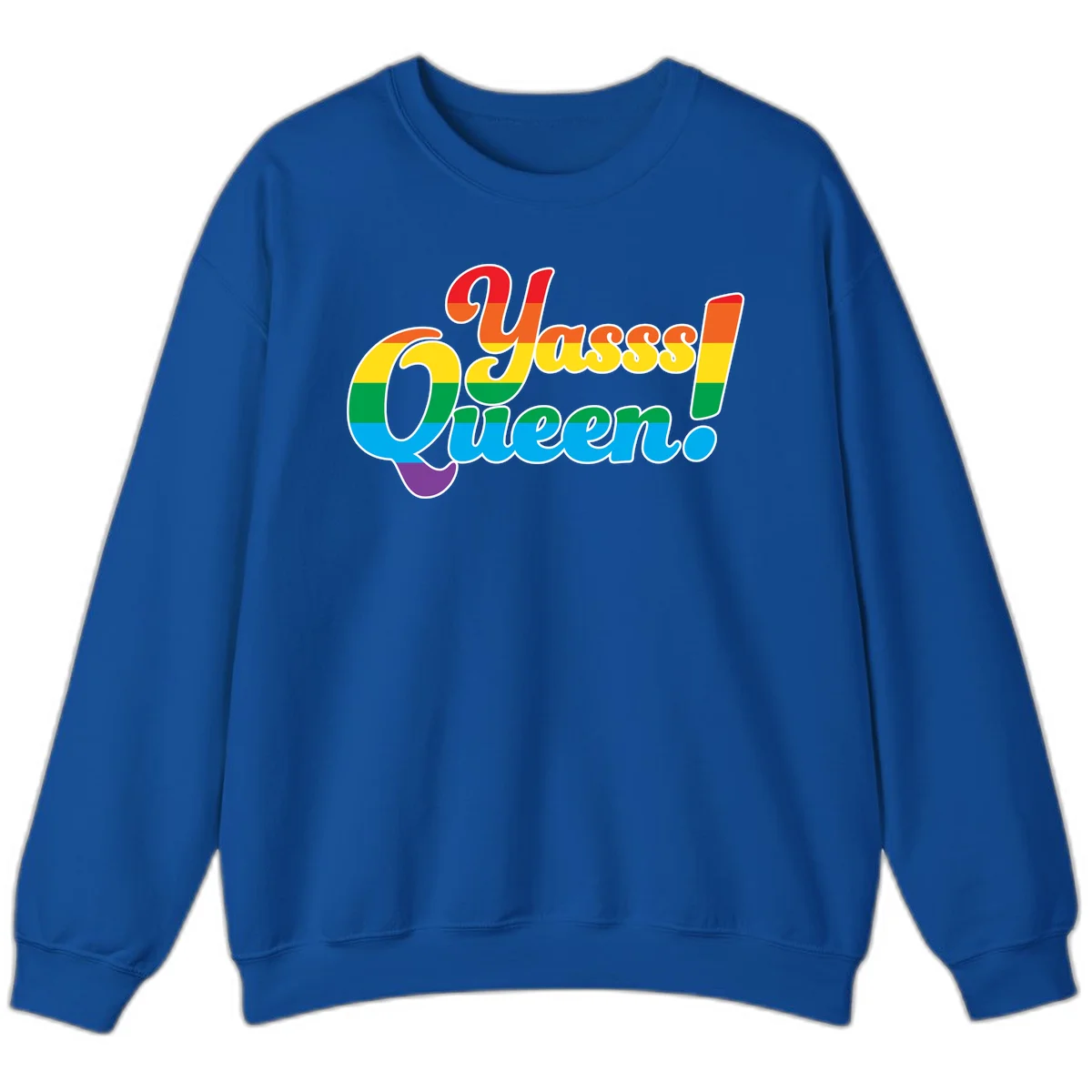 Rainbow pride flag striped text reading 'Unapologetically Queer!' with bold white outline on gray background in Royal