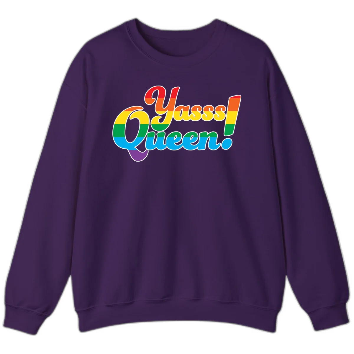 Rainbow pride flag striped text reading 'Unapologetically Queer!' with bold white outline on gray background in Purple