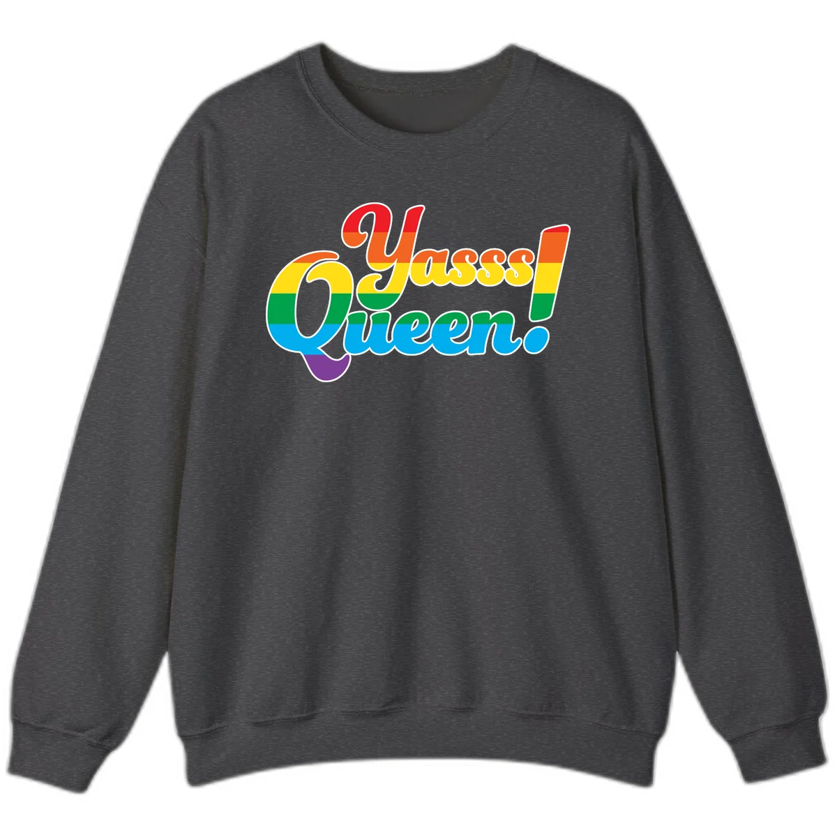 Rainbow pride flag striped text reading 'Unapologetically Queer!' with bold white outline on gray background in Dark Heather