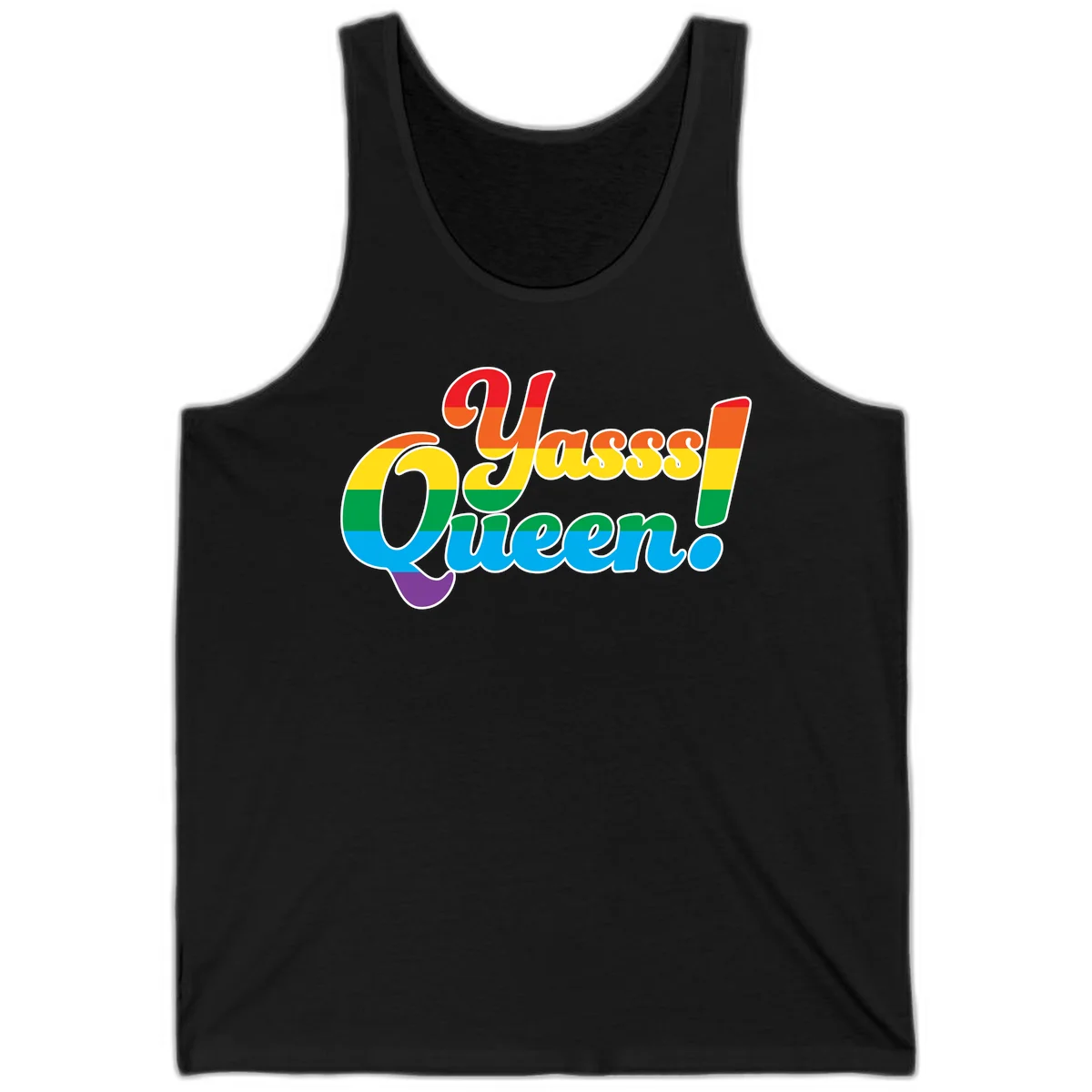 Rainbow pride flag striped text reading 'Unapologetically Queer!' with bold white outline on gray background in Black