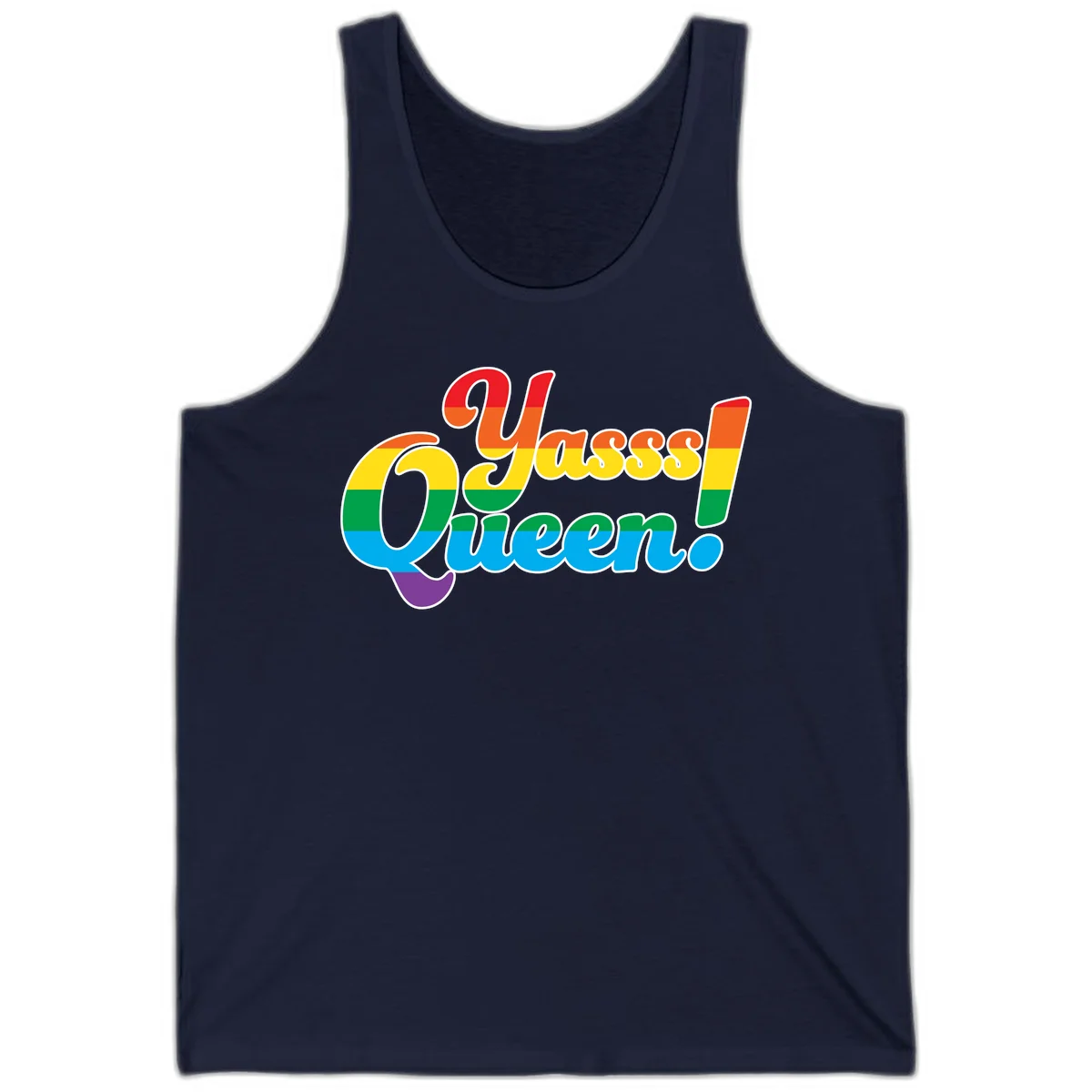 Rainbow pride flag striped text reading 'Unapologetically Queer!' with bold white outline on gray background in Navy