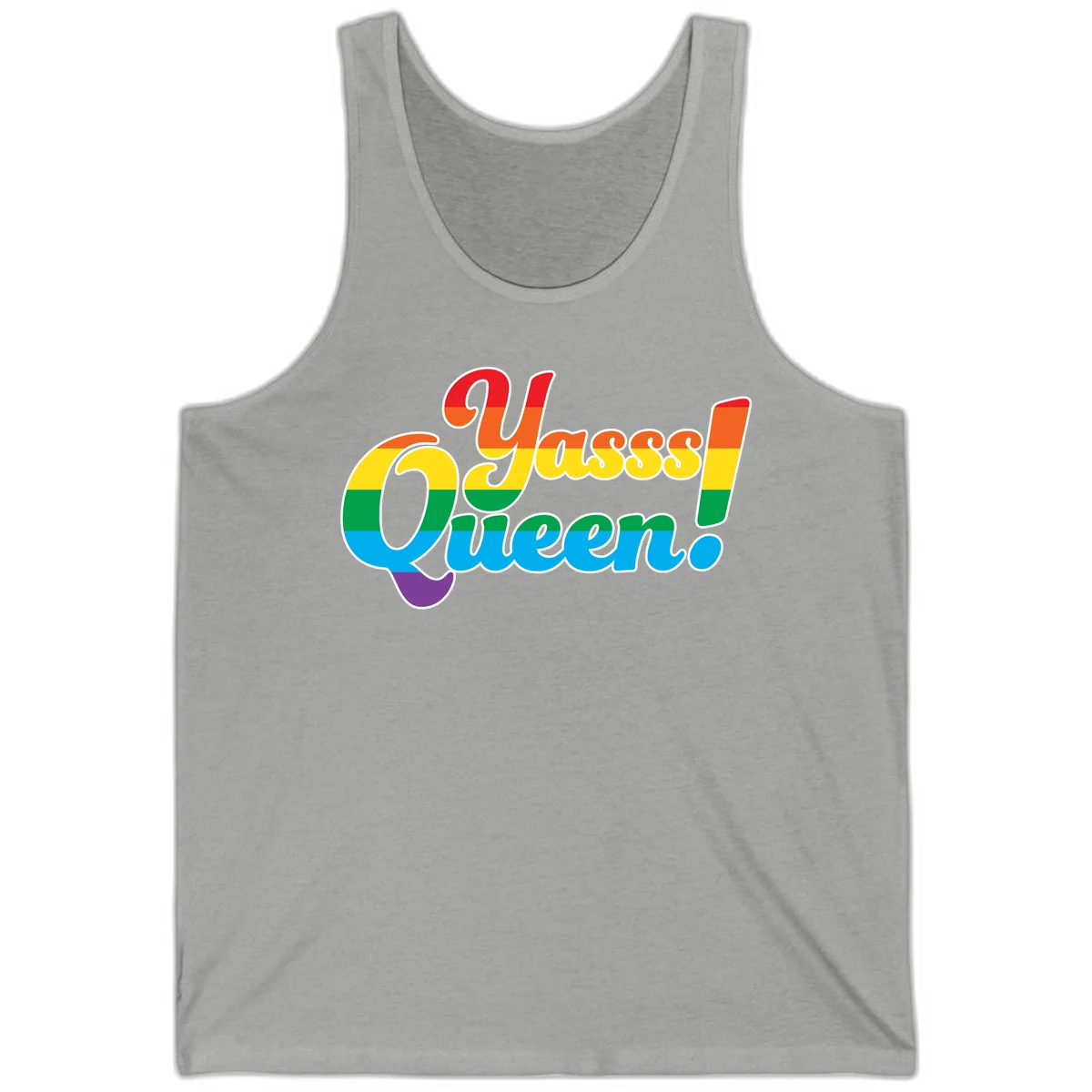 Rainbow pride flag striped text reading 'Unapologetically Queer!' with bold white outline on gray background in Athletic Heather