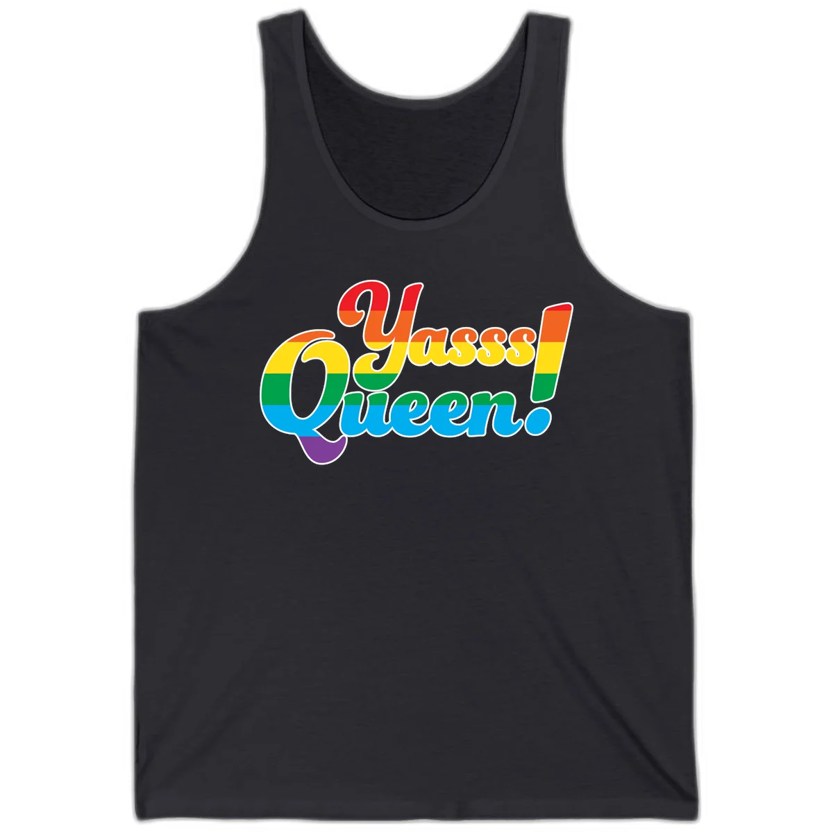 Rainbow pride flag striped text reading 'Unapologetically Queer!' with bold white outline on gray background in Dark Grey