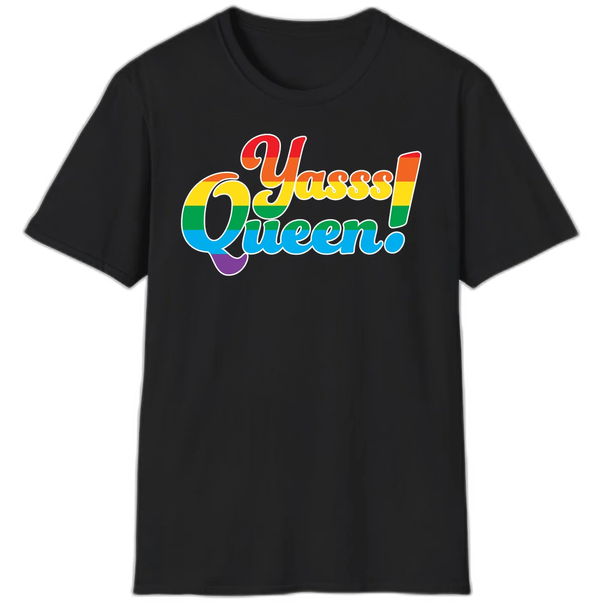 Rainbow pride flag striped text reading 'Unapologetically Queer!' with bold white outline on gray background in Black