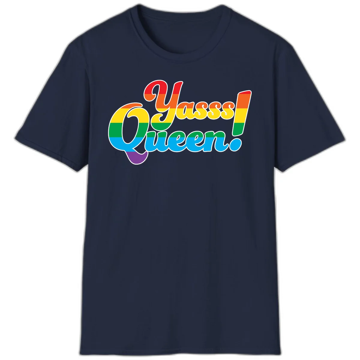 Rainbow pride flag striped text reading 'Unapologetically Queer!' with bold white outline on gray background in Navy