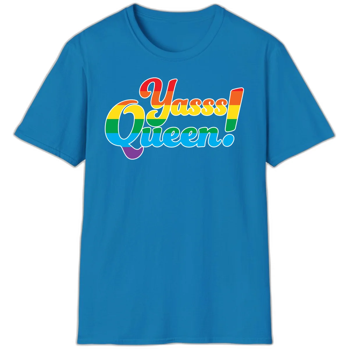 Rainbow pride flag striped text reading 'Unapologetically Queer!' with bold white outline on gray background in Sapphire