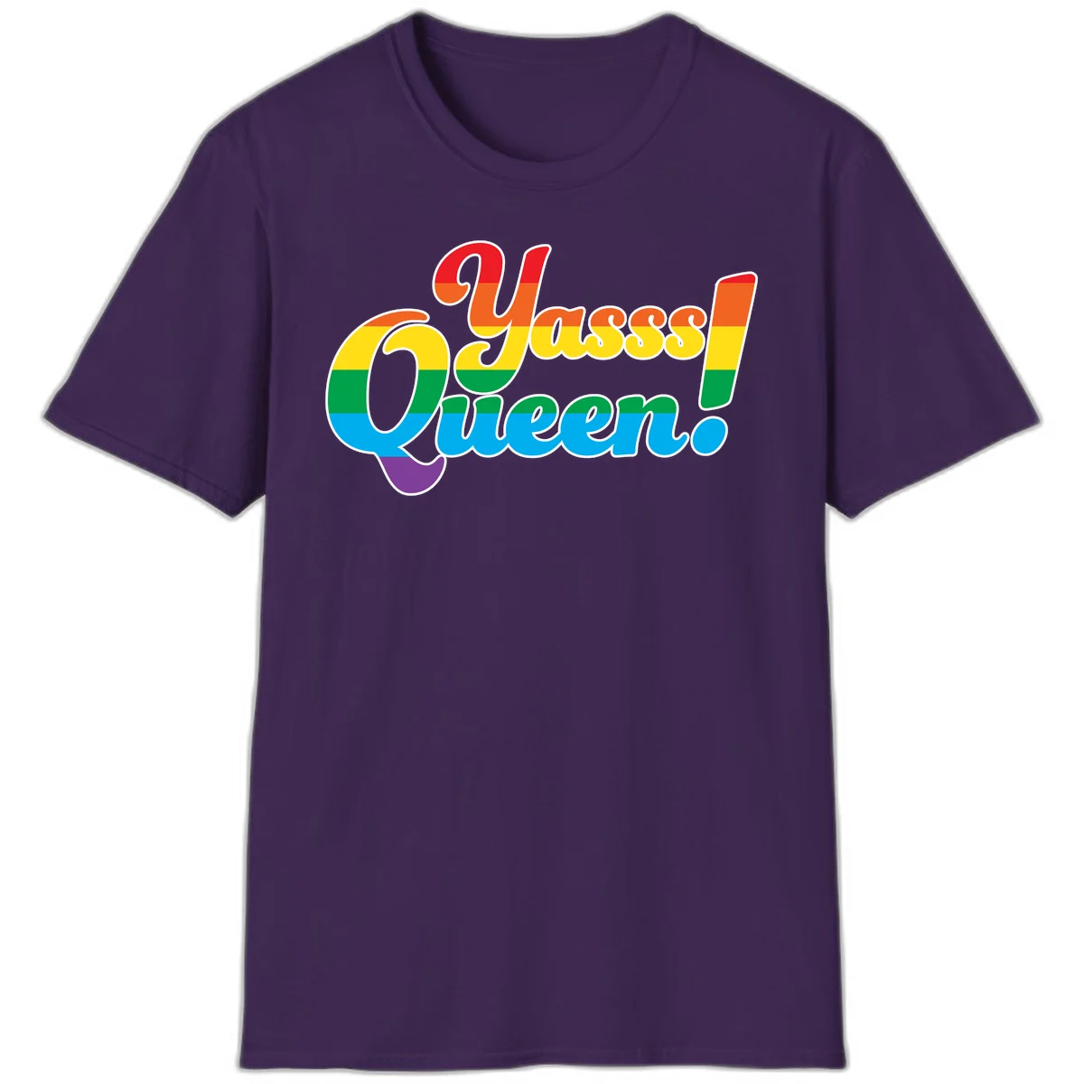 Rainbow pride flag striped text reading 'Unapologetically Queer!' with bold white outline on gray background in Purple