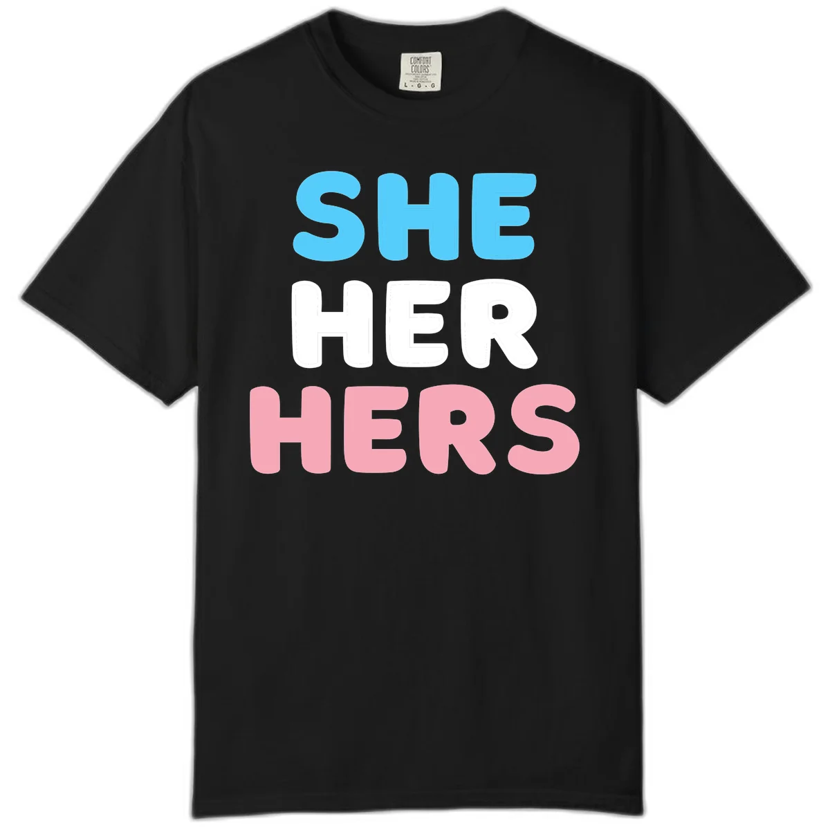 Bold three-line text design reading 'SHE HER HERS' in cyan, white, and pink colors representing she-her-hers pronouns in Black