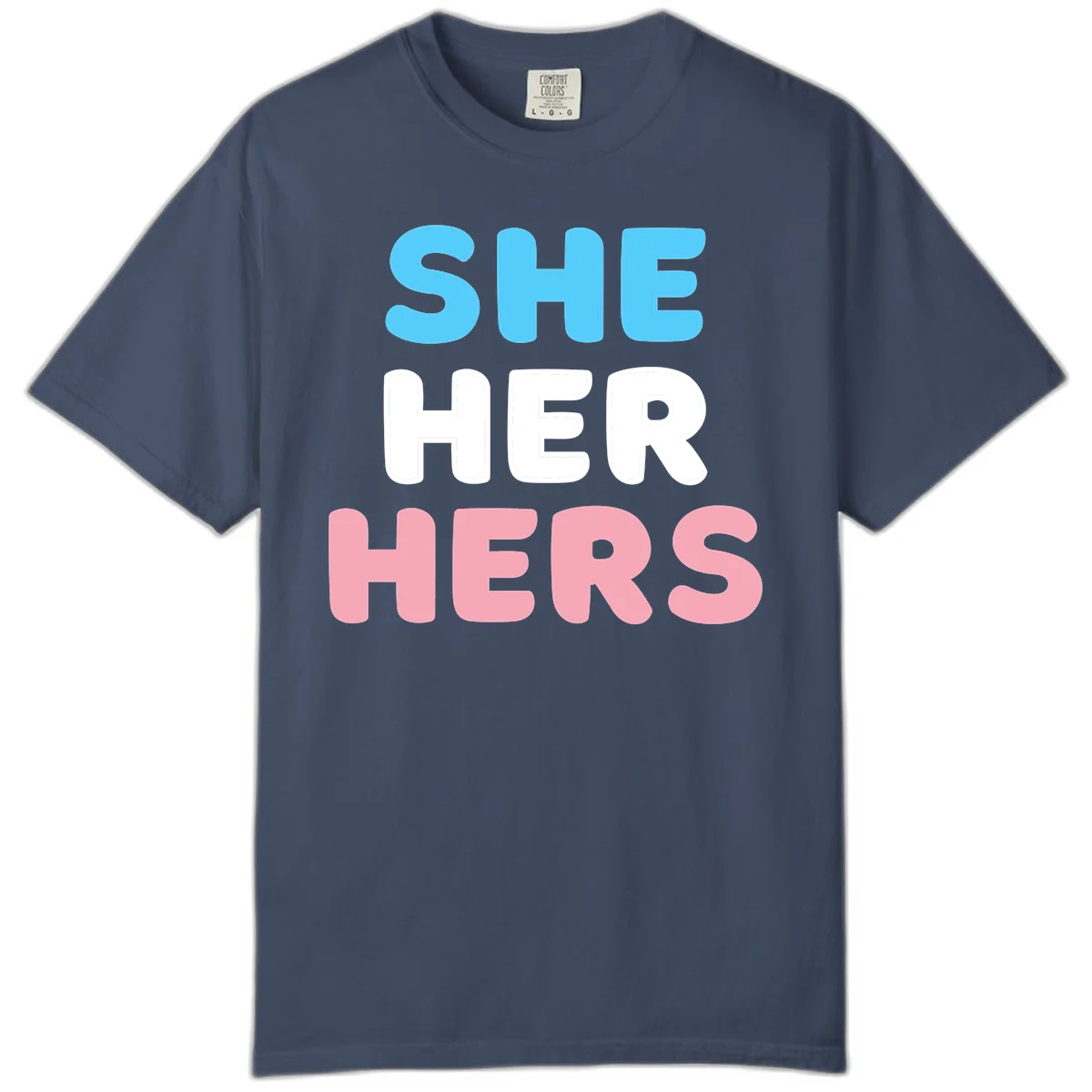 Bold three-line text design reading 'SHE HER HERS' in cyan, white, and pink colors representing she-her-hers pronouns in Midnight