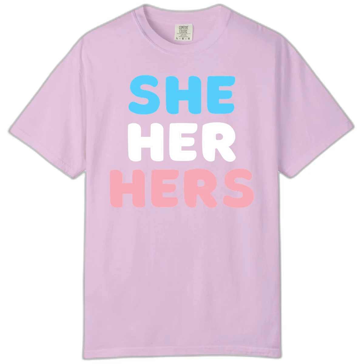 Bold three-line text design reading 'SHE HER HERS' in cyan, white, and pink colors representing she-her-hers pronouns in Orchid