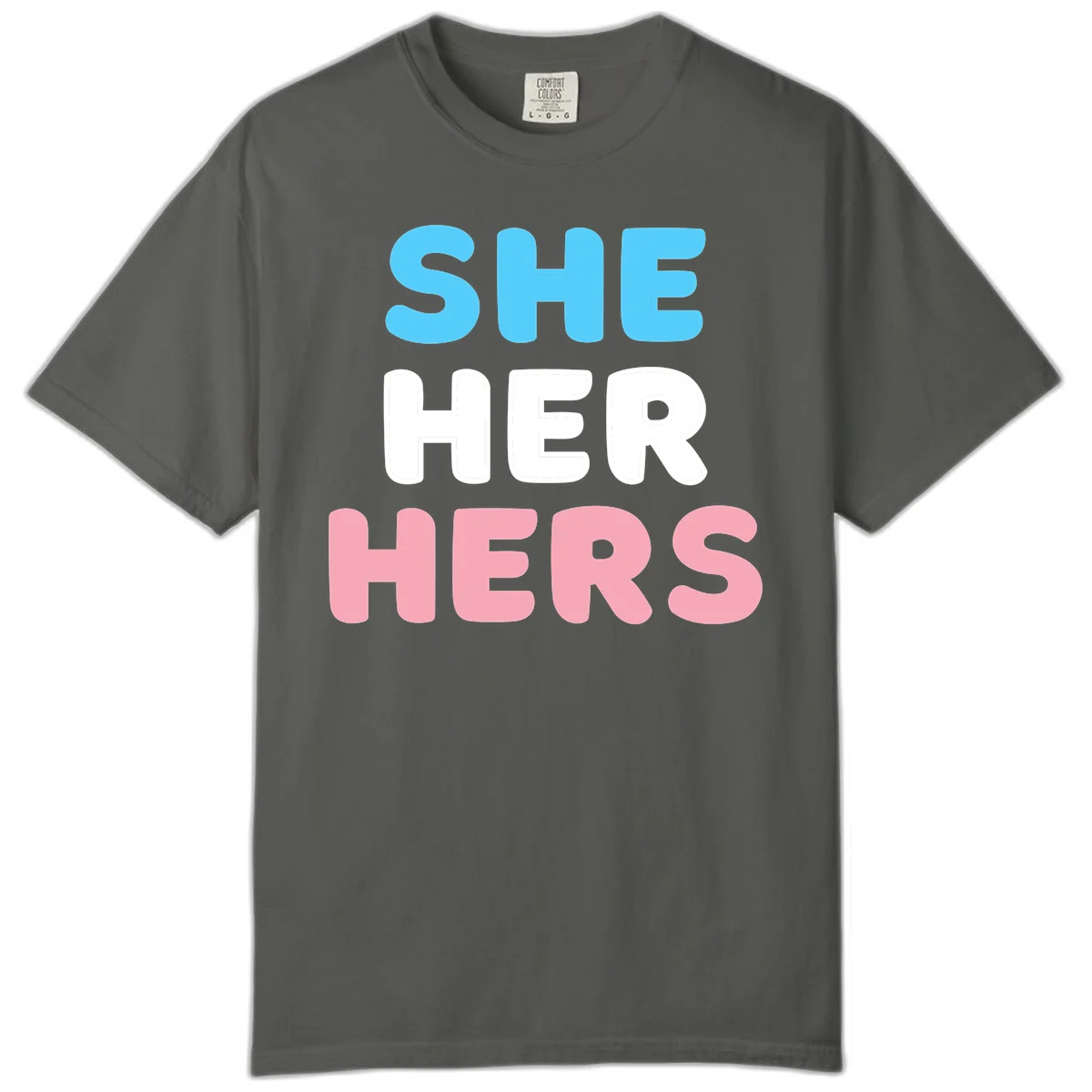 Bold three-line text design reading 'SHE HER HERS' in cyan, white, and pink colors representing she-her-hers pronouns in Pepper