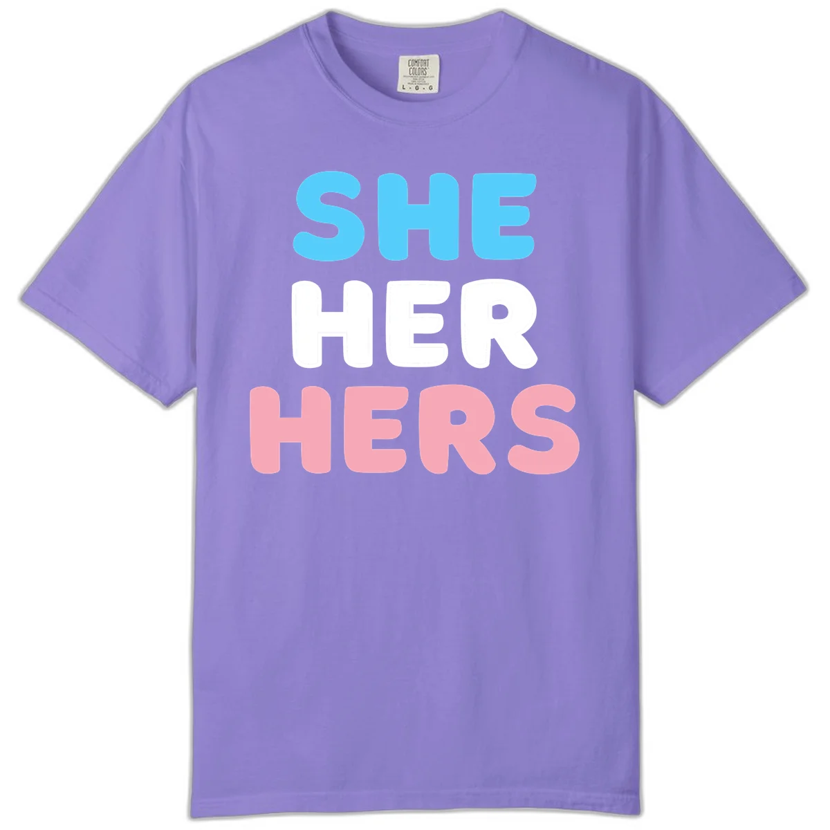 Bold three-line text design reading 'SHE HER HERS' in cyan, white, and pink colors representing she-her-hers pronouns in Violet
