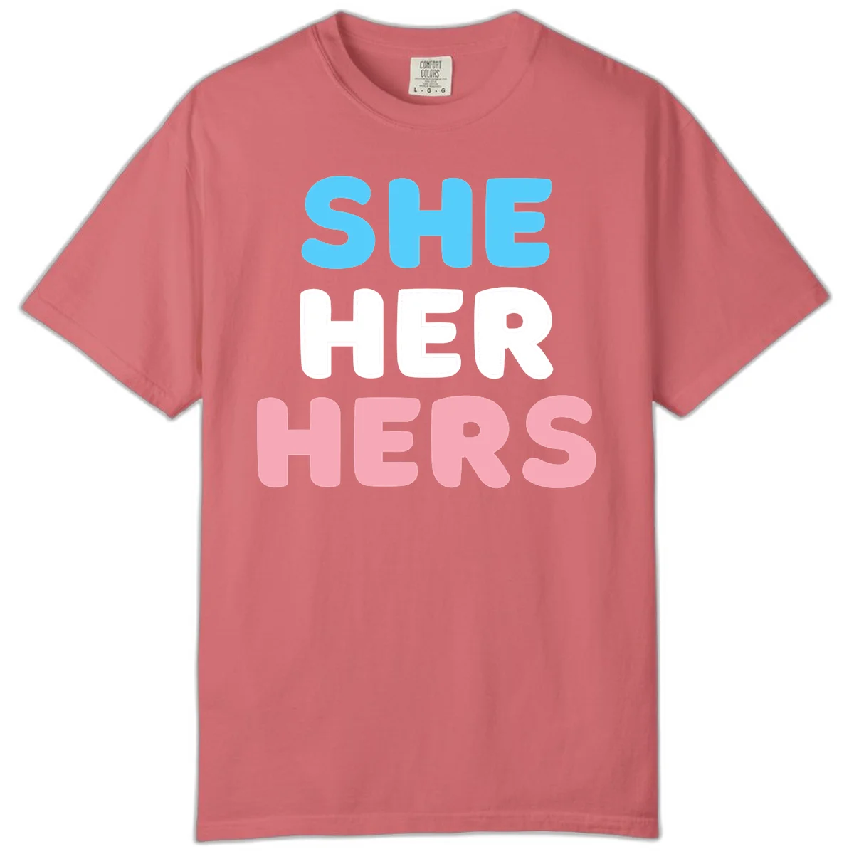 Bold three-line text design reading 'SHE HER HERS' in cyan, white, and pink colors representing she-her-hers pronouns in Watermelon