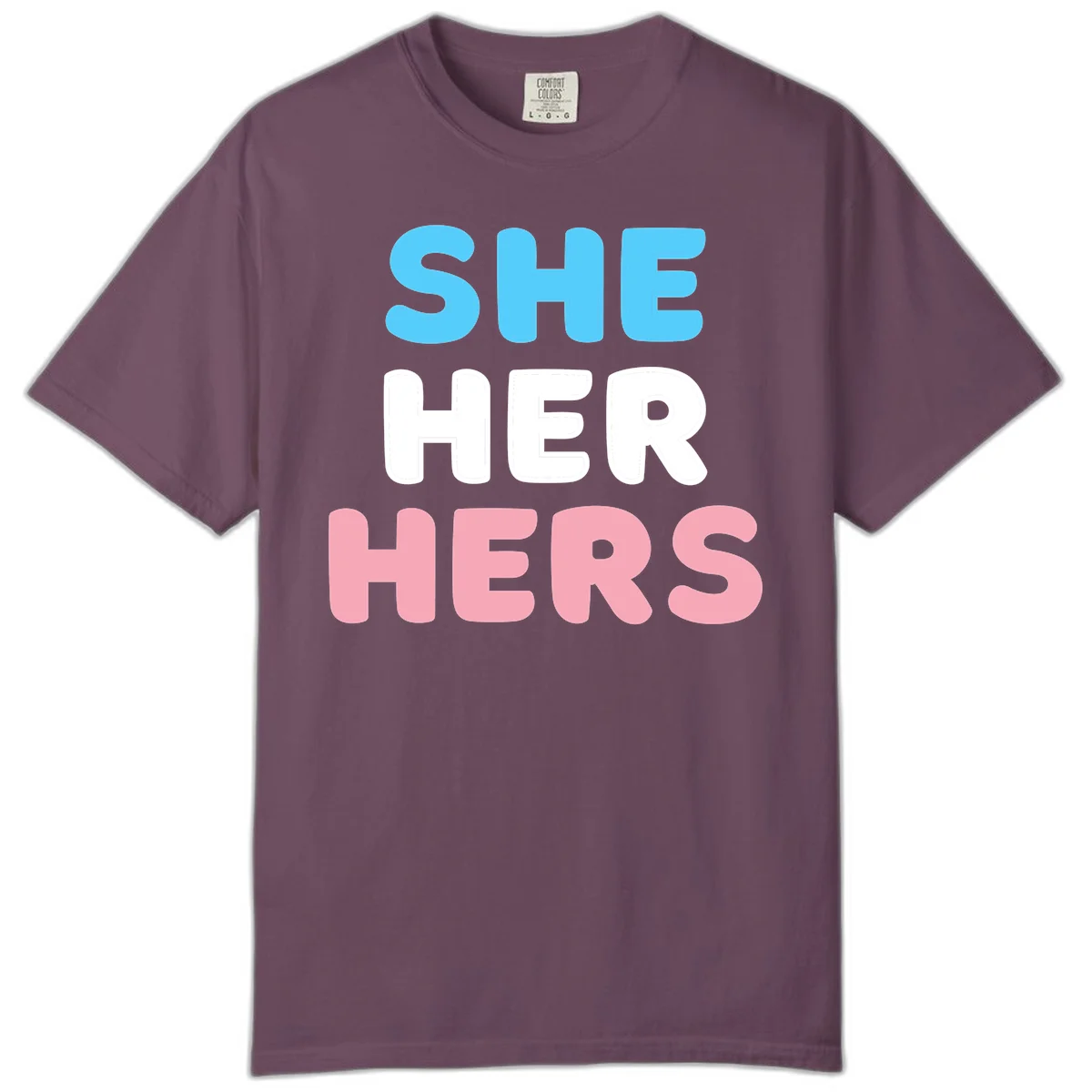 Bold three-line text design reading 'SHE HER HERS' in cyan, white, and pink colors representing she-her-hers pronouns in Berry