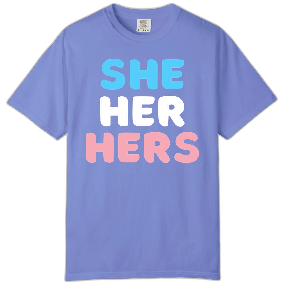 Bold three-line text design reading 'SHE HER HERS' in cyan, white, and pink colors representing she-her-hers pronouns in Flo Blue