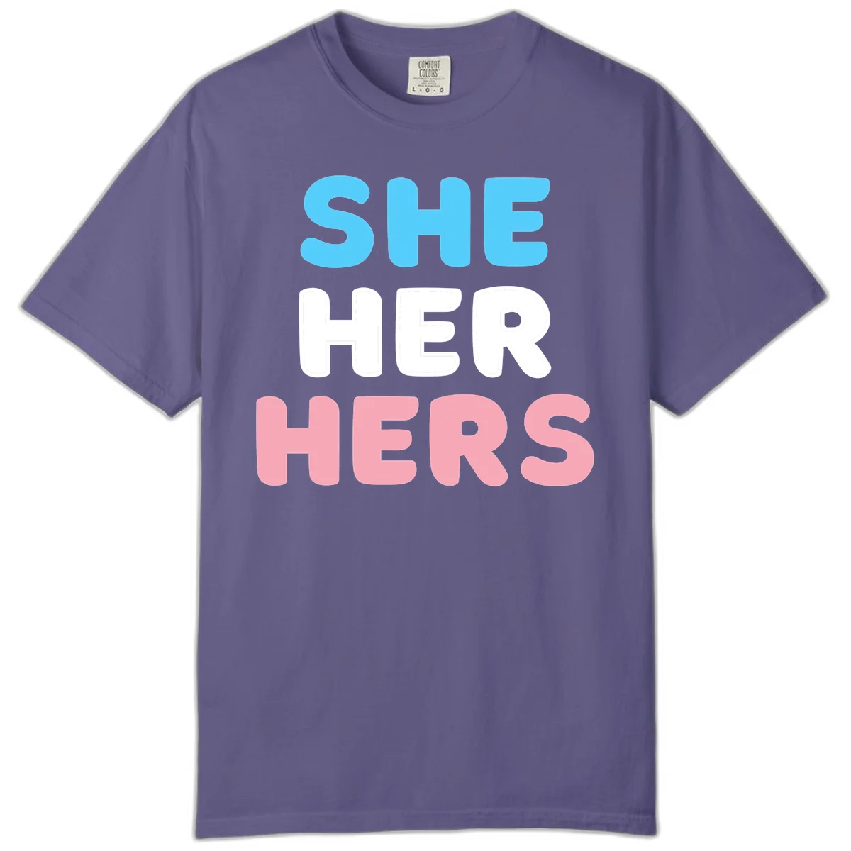 Bold three-line text design reading 'SHE HER HERS' in cyan, white, and pink colors representing she-her-hers pronouns in Grape