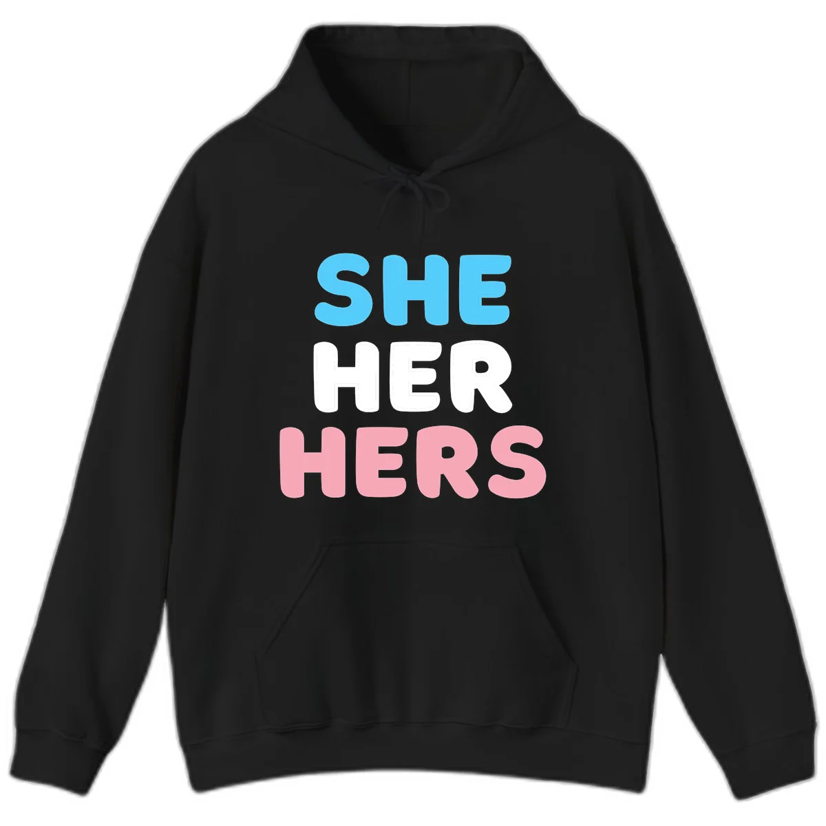 Bold three-line text design reading 'SHE HER HERS' in cyan, white, and pink colors representing she-her-hers pronouns in Black