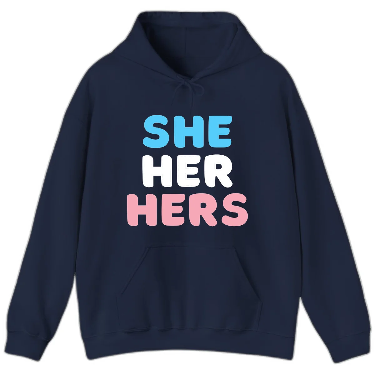 Bold three-line text design reading 'SHE HER HERS' in cyan, white, and pink colors representing she-her-hers pronouns in Navy