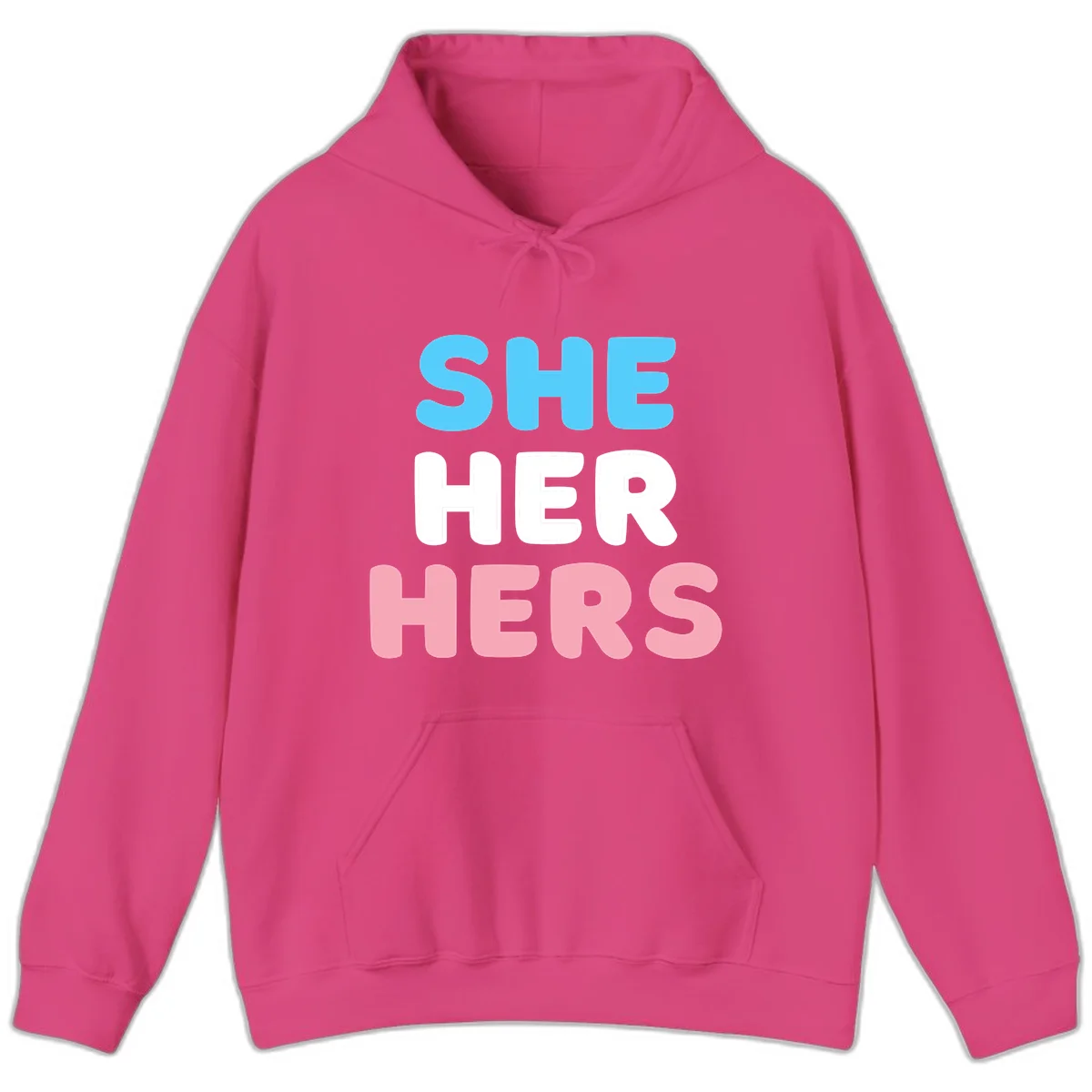 Bold three-line text design reading 'SHE HER HERS' in cyan, white, and pink colors representing she-her-hers pronouns in Heliconia