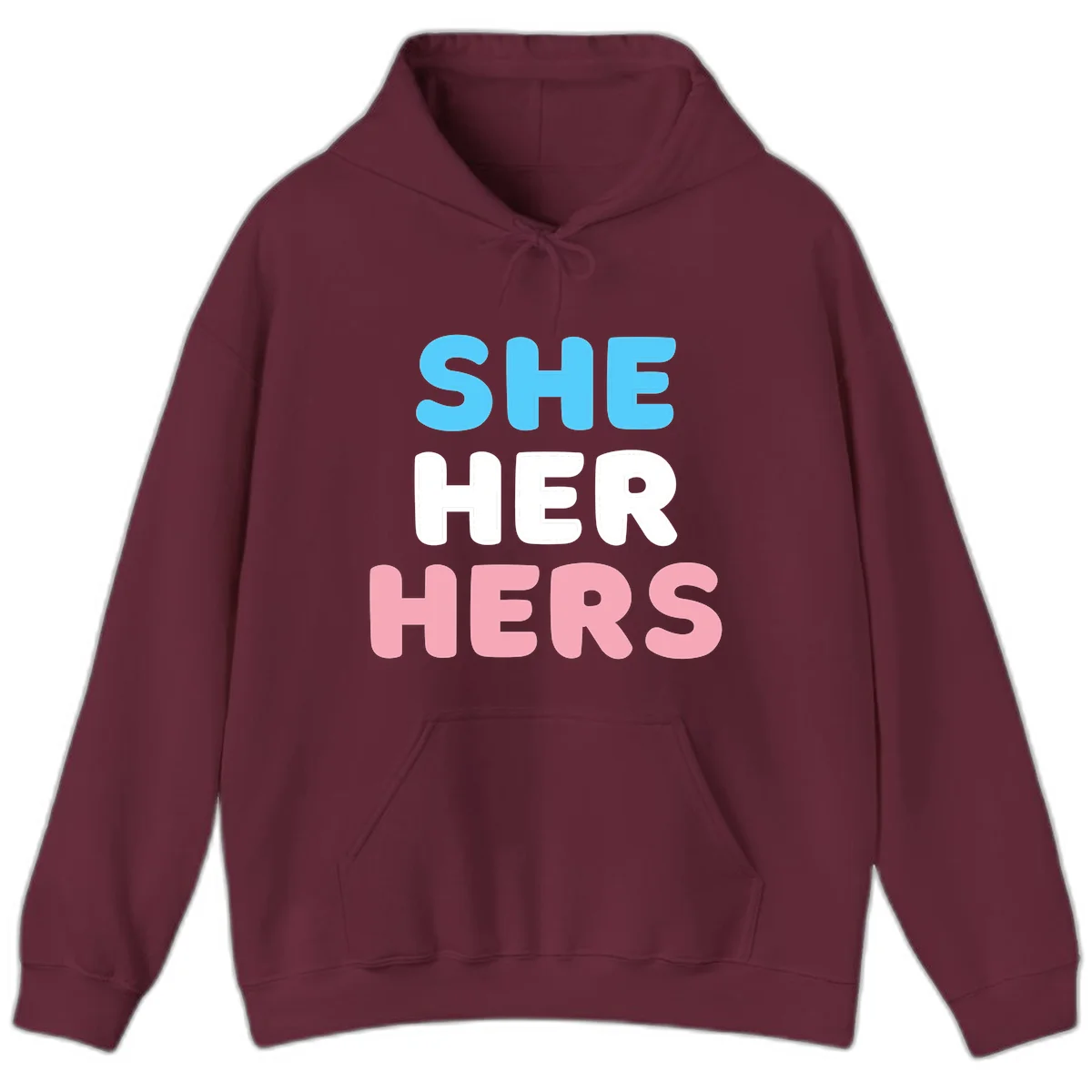 Bold three-line text design reading 'SHE HER HERS' in cyan, white, and pink colors representing she-her-hers pronouns in Maroon