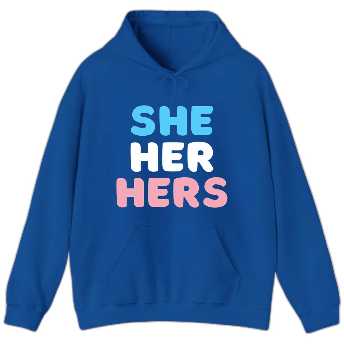 Bold three-line text design reading 'SHE HER HERS' in cyan, white, and pink colors representing she-her-hers pronouns in Royal