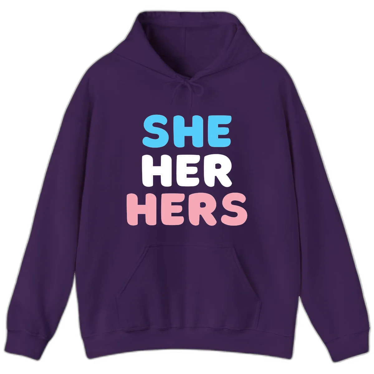 Bold three-line text design reading 'SHE HER HERS' in cyan, white, and pink colors representing she-her-hers pronouns in Purple