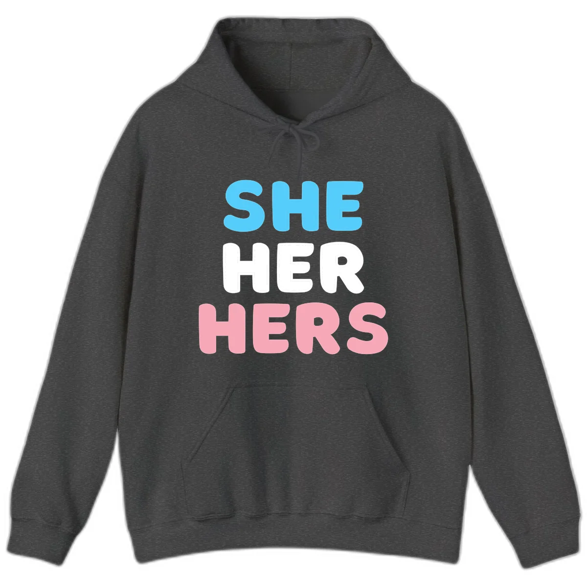 Bold three-line text design reading 'SHE HER HERS' in cyan, white, and pink colors representing she-her-hers pronouns in Dark Heather