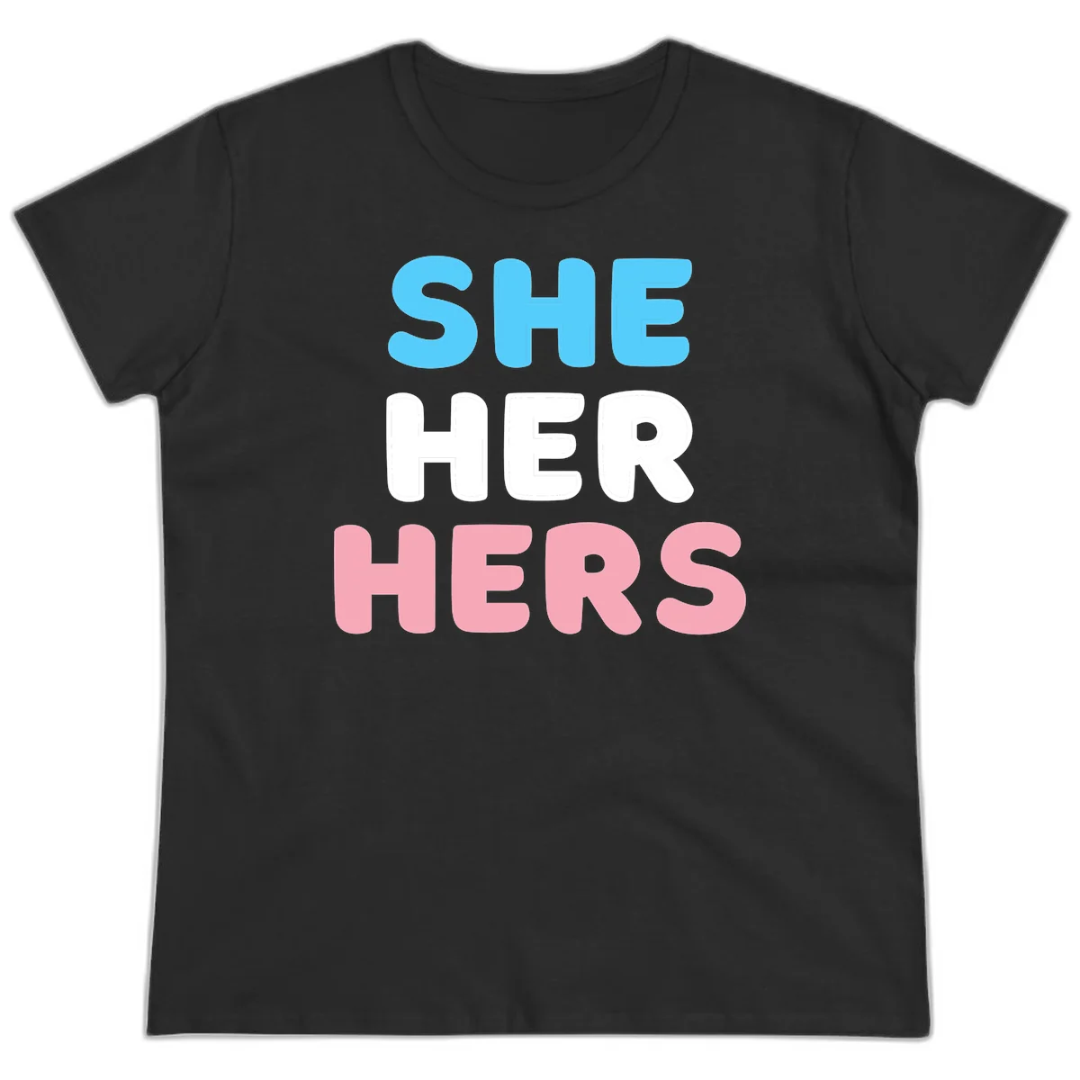 Bold three-line text design reading 'SHE HER HERS' in cyan, white, and pink colors representing she-her-hers pronouns in Black