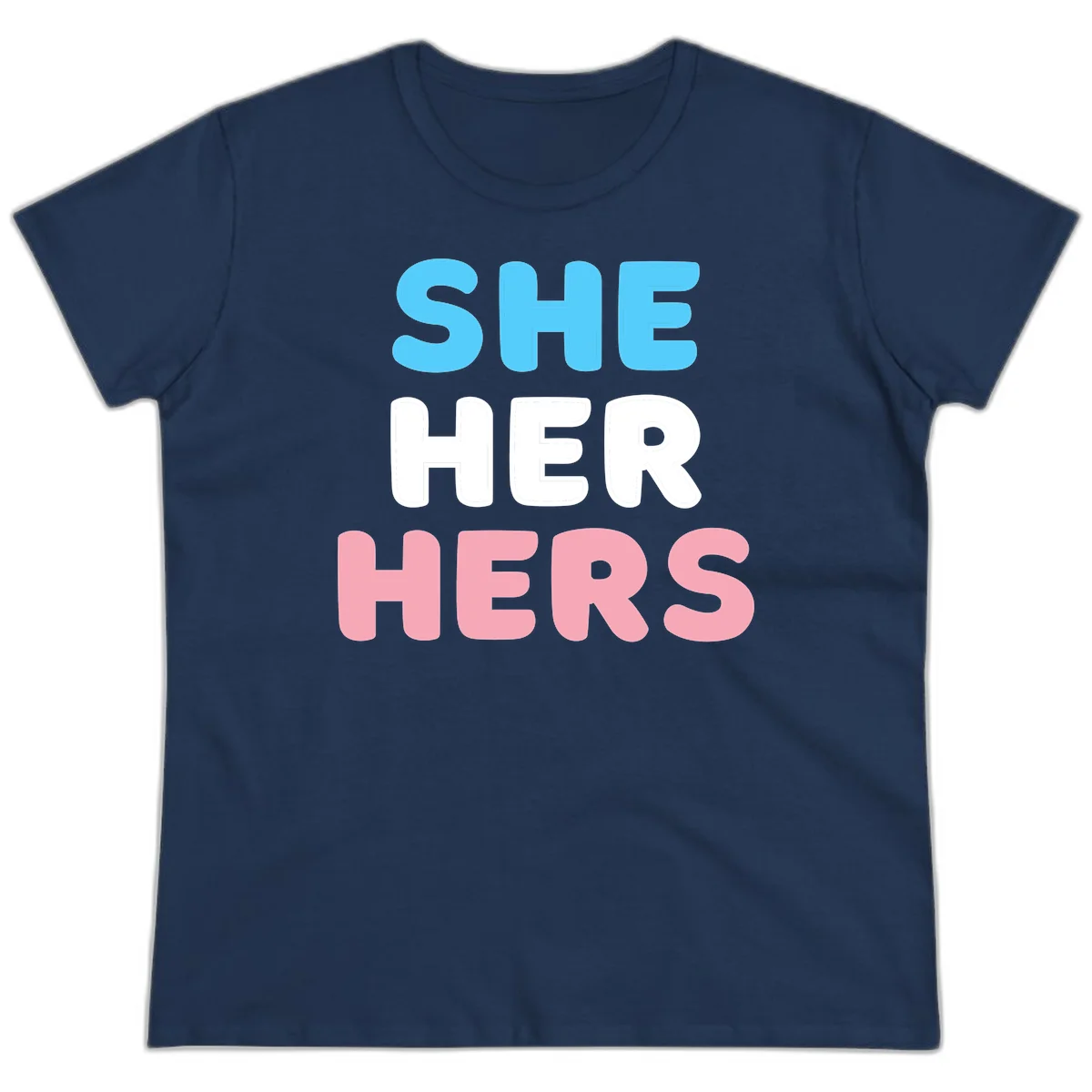 Bold three-line text design reading 'SHE HER HERS' in cyan, white, and pink colors representing she-her-hers pronouns in Navy