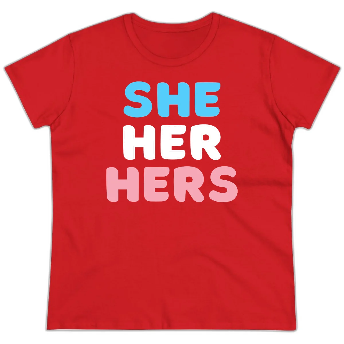 Bold three-line text design reading 'SHE HER HERS' in cyan, white, and pink colors representing she-her-hers pronouns in Red