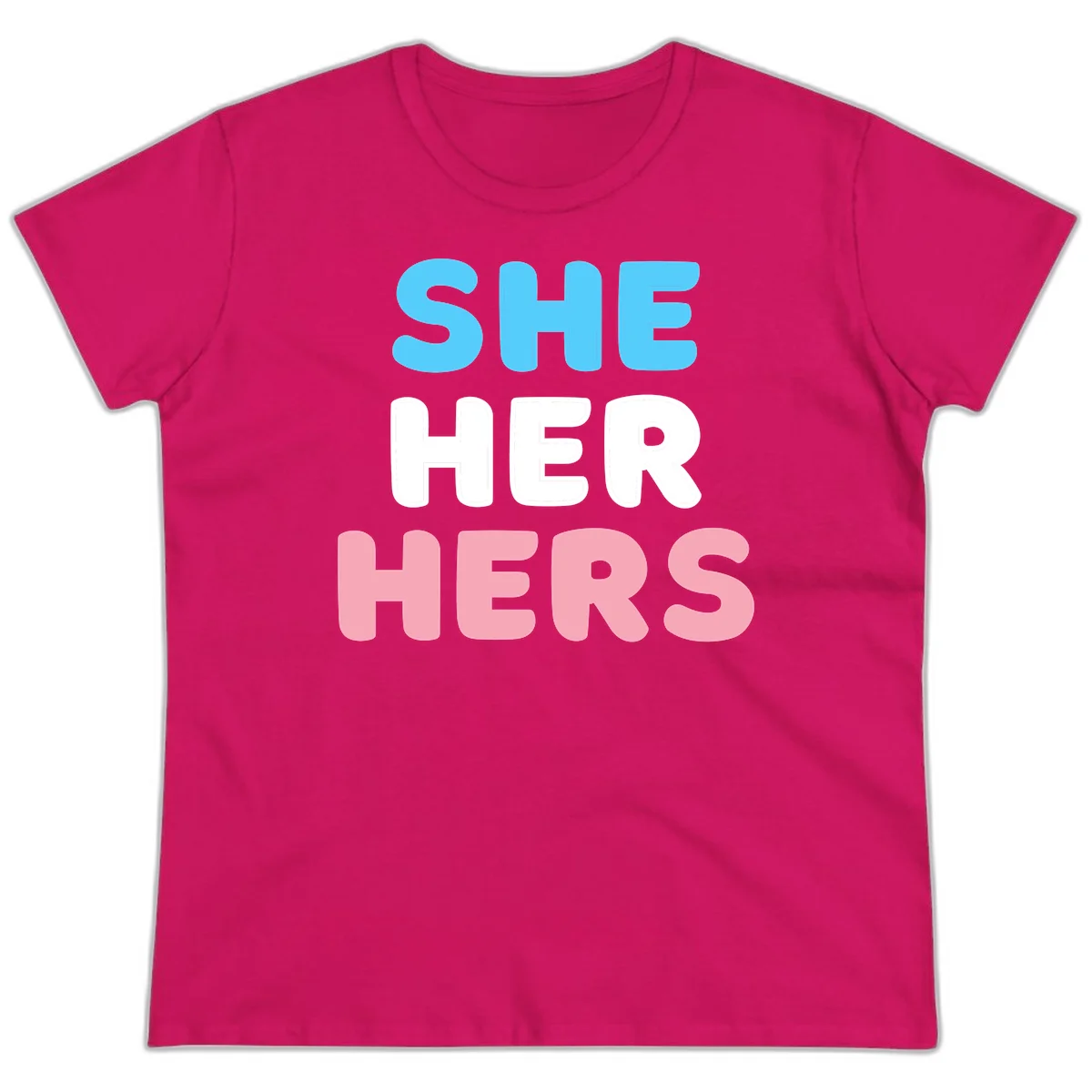 Bold three-line text design reading 'SHE HER HERS' in cyan, white, and pink colors representing she-her-hers pronouns in Heliconia