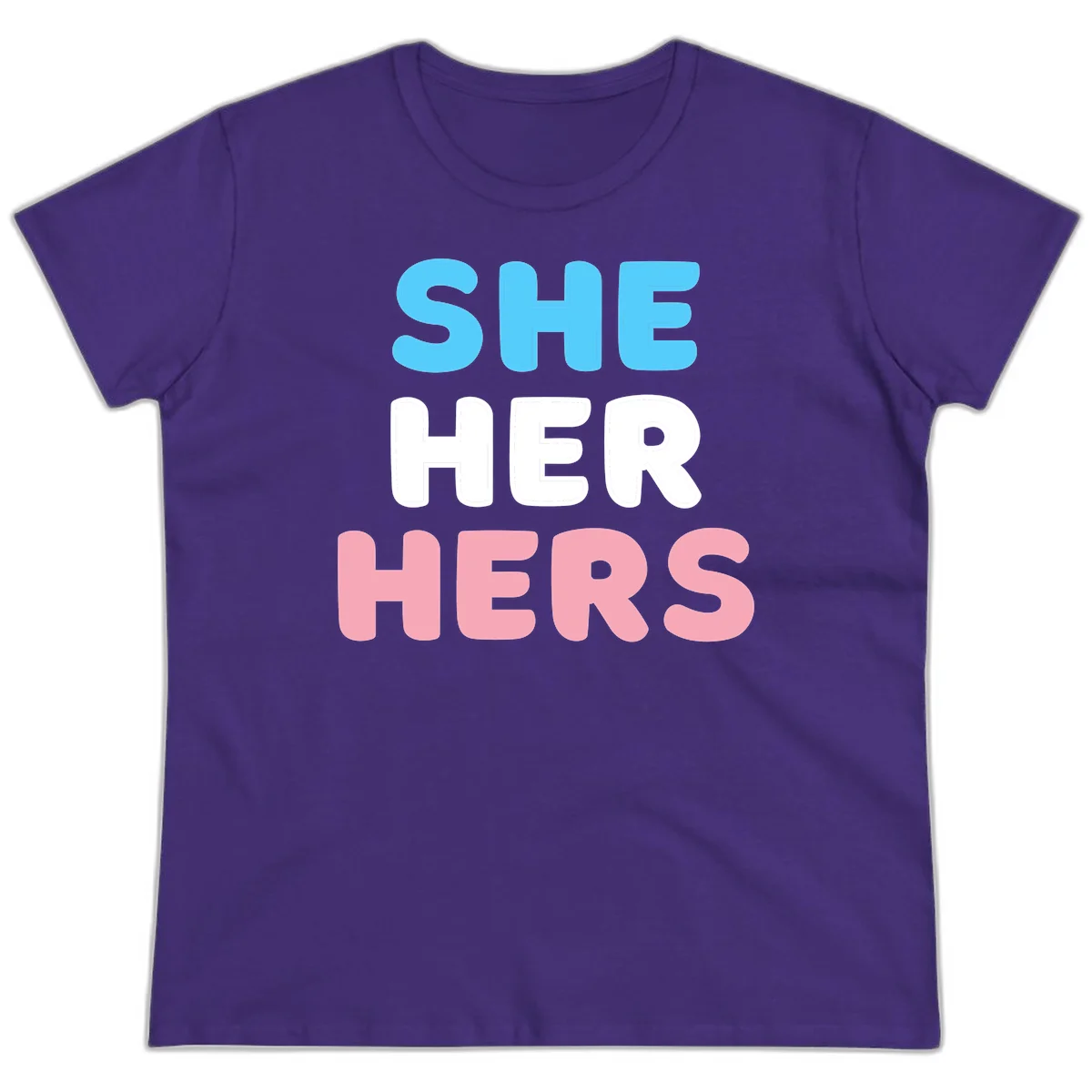 Bold three-line text design reading 'SHE HER HERS' in cyan, white, and pink colors representing she-her-hers pronouns in Purple