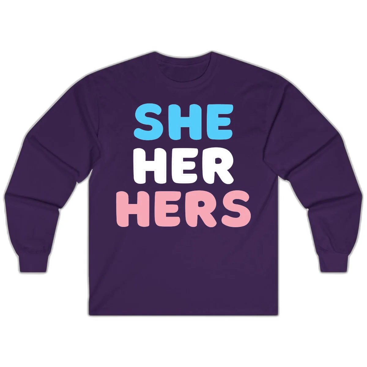 Bold three-line text design reading 'SHE HER HERS' in cyan, white, and pink colors representing she-her-hers pronouns in Purple