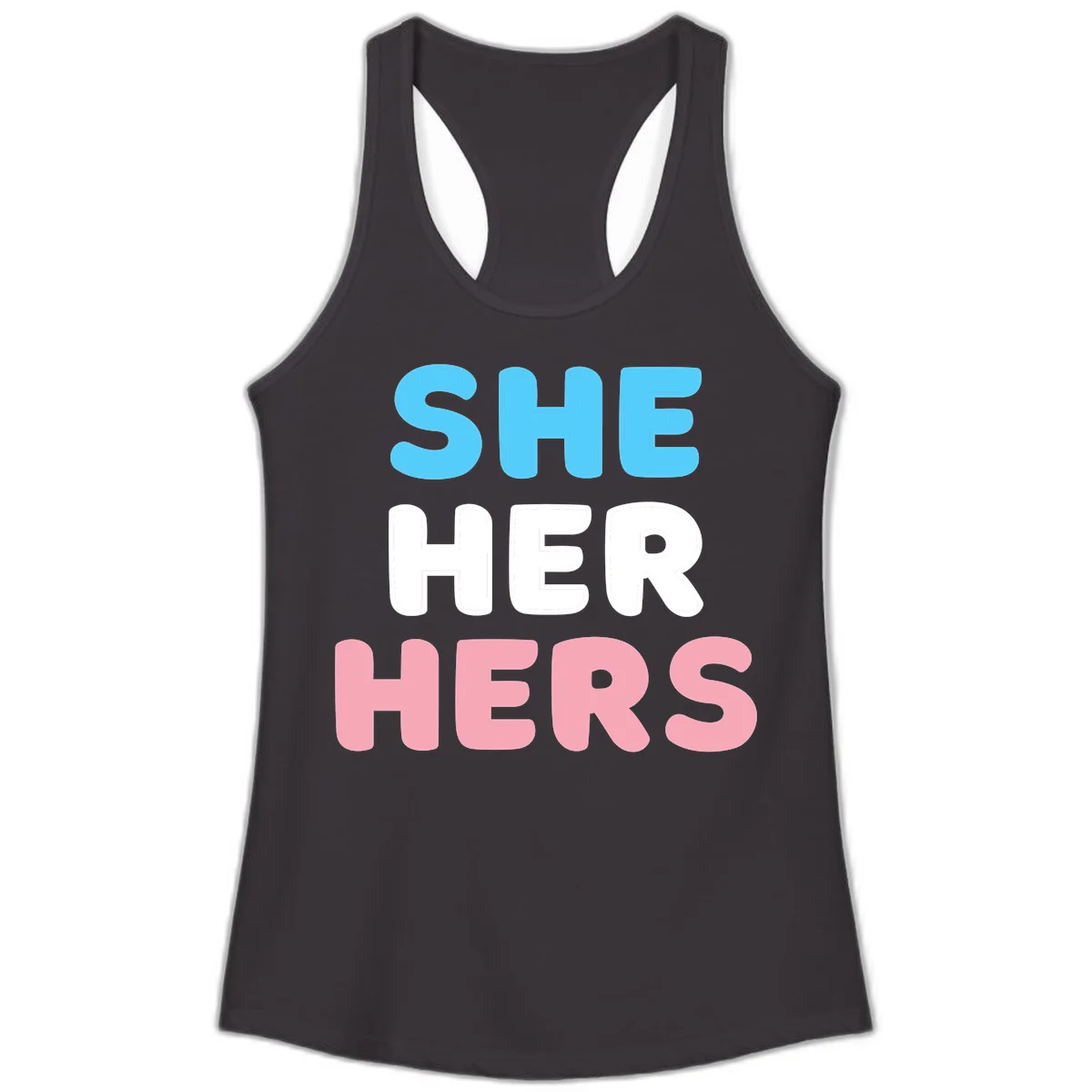 Bold three-line text design reading 'SHE HER HERS' in cyan, white, and pink colors representing she-her-hers pronouns in Black