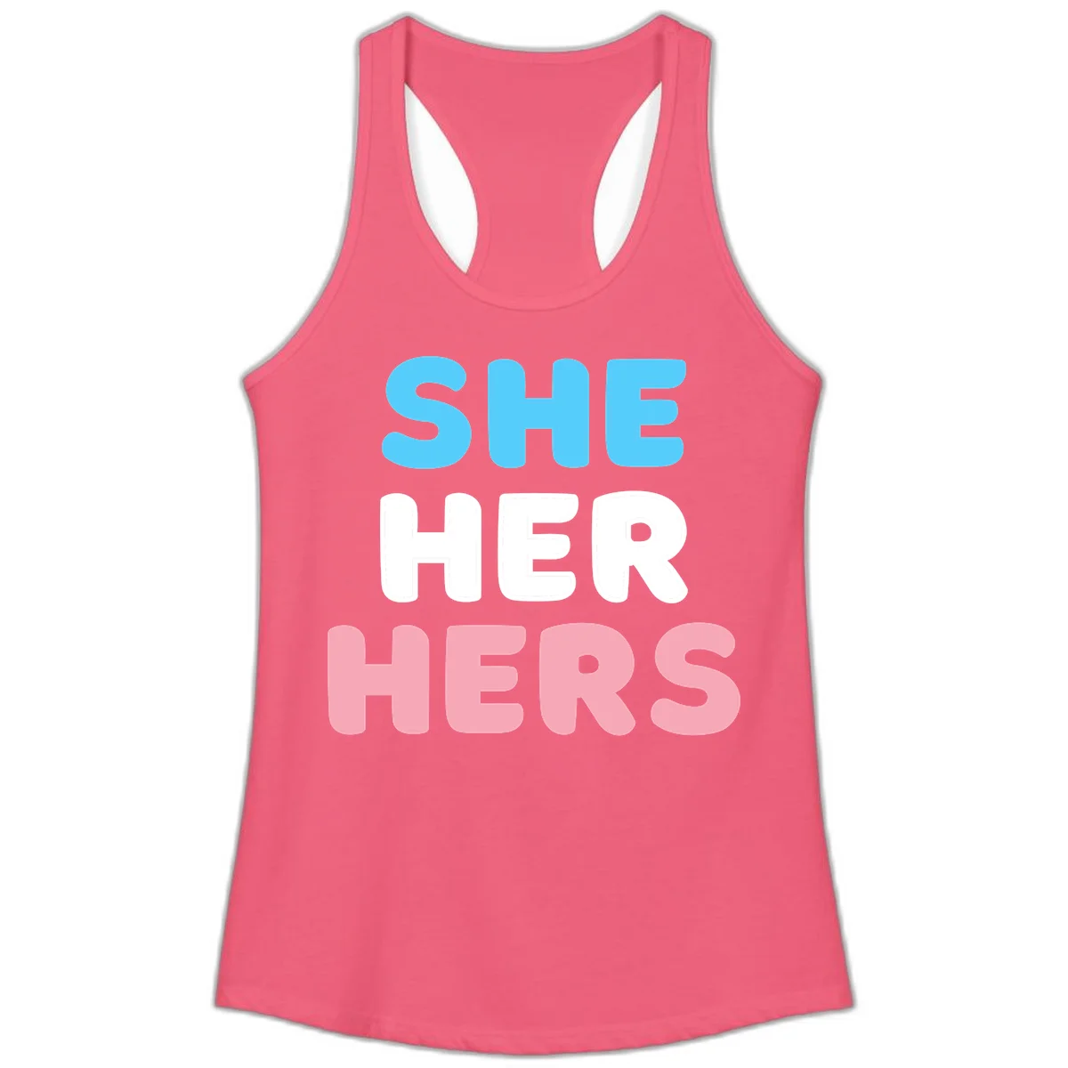 Bold three-line text design reading 'SHE HER HERS' in cyan, white, and pink colors representing she-her-hers pronouns in Hot Pink