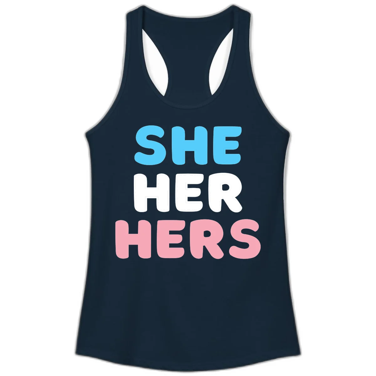 Bold three-line text design reading 'SHE HER HERS' in cyan, white, and pink colors representing she-her-hers pronouns in Solid Midnight Navy
