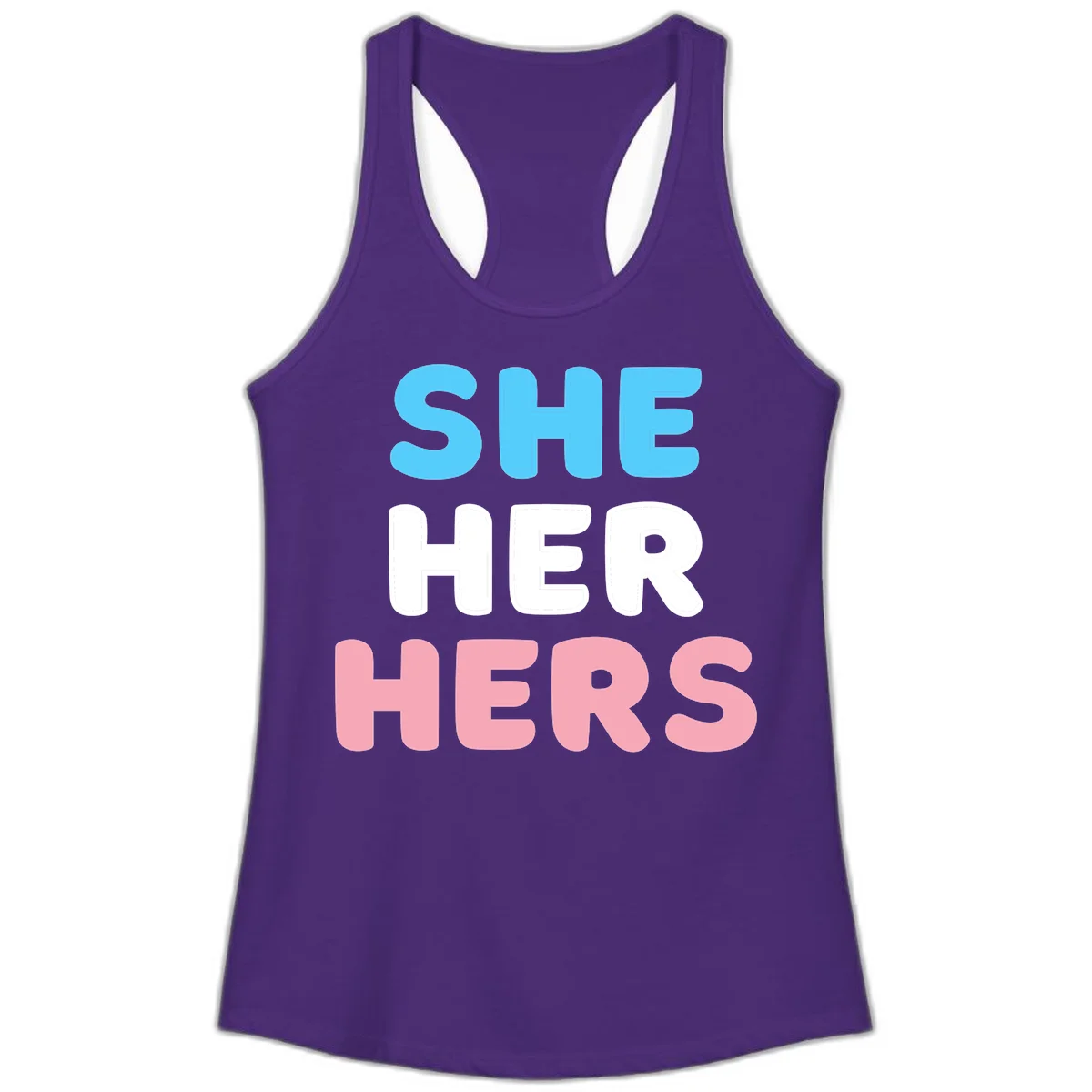 Bold three-line text design reading 'SHE HER HERS' in cyan, white, and pink colors representing she-her-hers pronouns in Solid Purple Rush