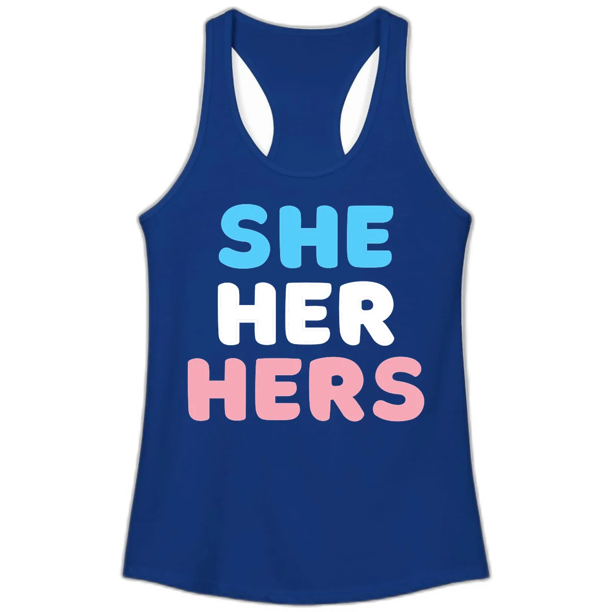 Bold three-line text design reading 'SHE HER HERS' in cyan, white, and pink colors representing she-her-hers pronouns in Solid Royal