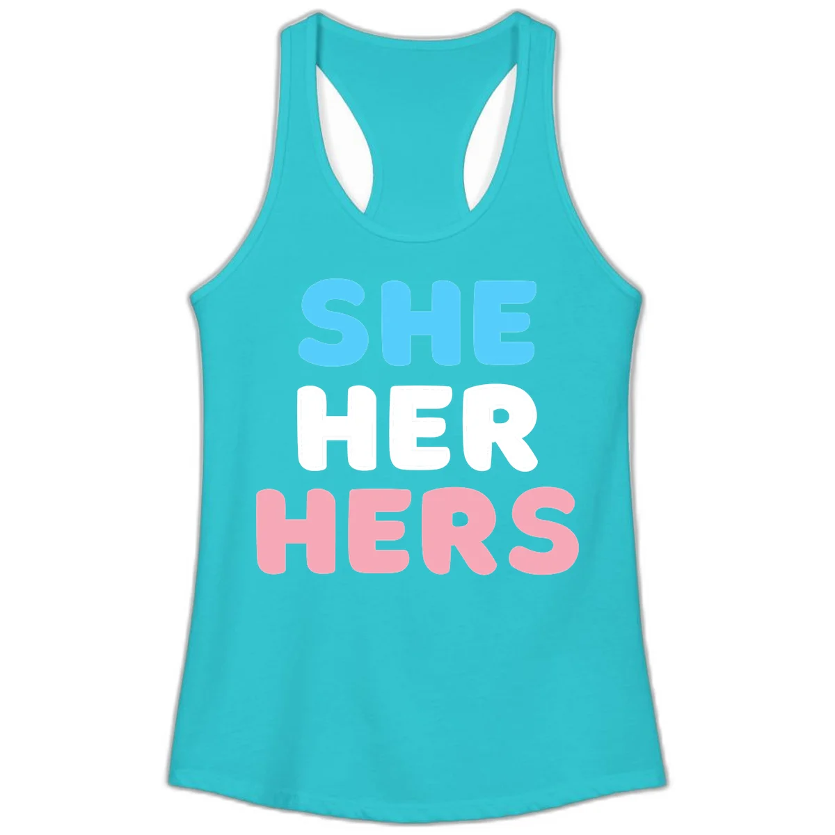 Bold three-line text design reading 'SHE HER HERS' in cyan, white, and pink colors representing she-her-hers pronouns in Solid Tahiti Blue