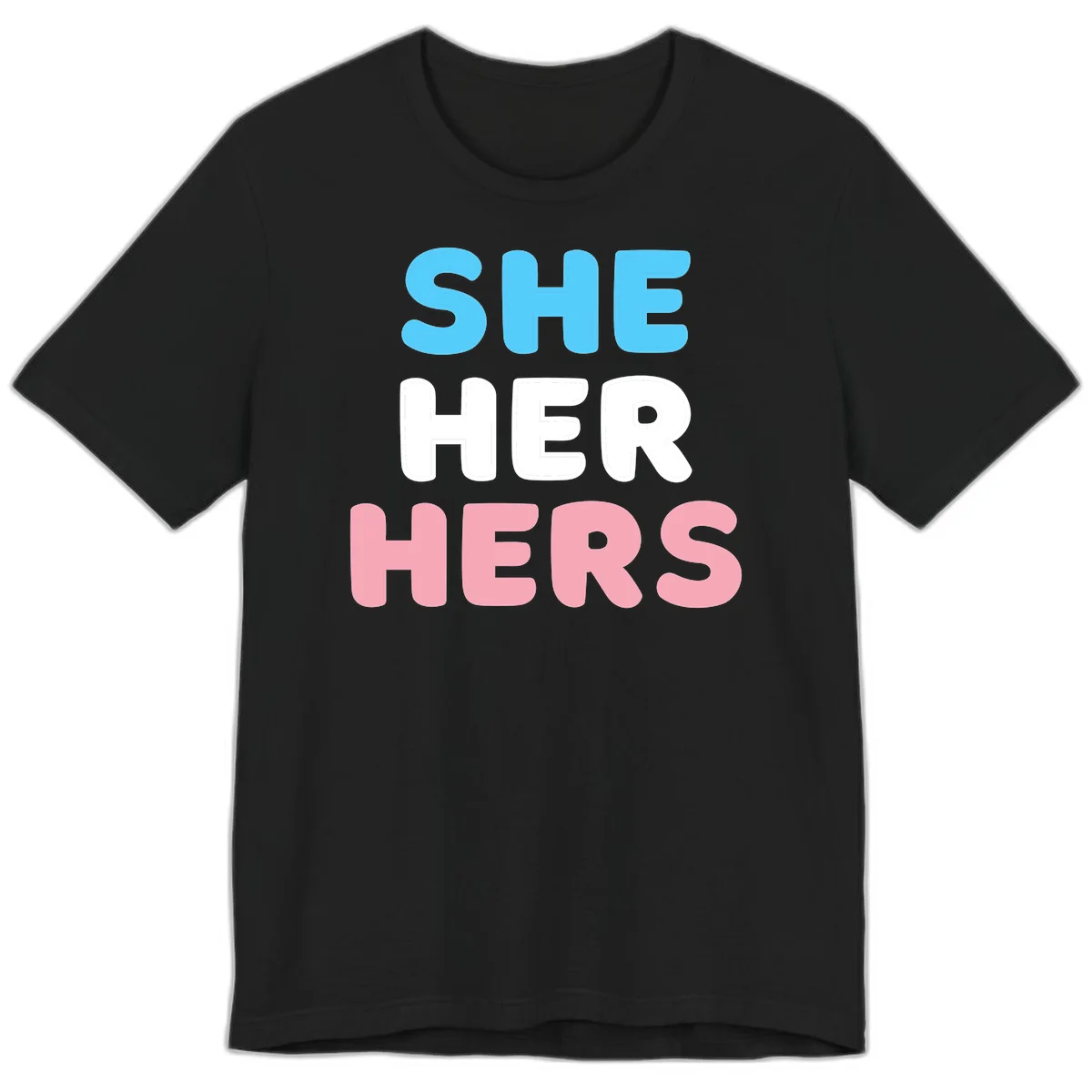 Bold three-line text design reading 'SHE HER HERS' in cyan, white, and pink colors representing she-her-hers pronouns in Black