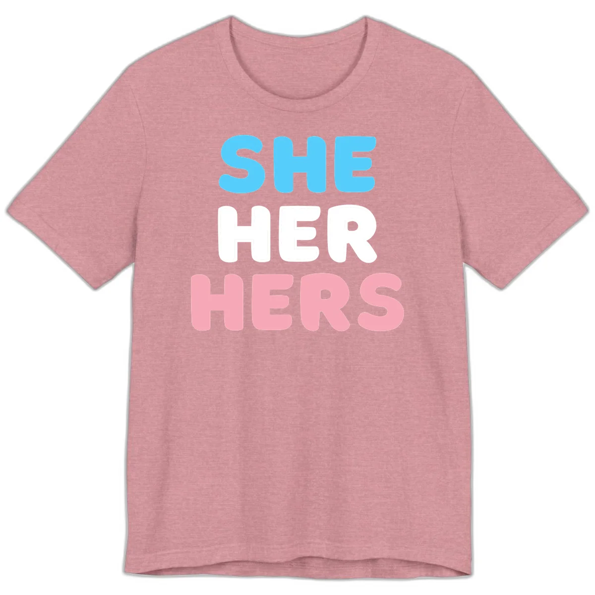 Bold three-line text design reading 'SHE HER HERS' in cyan, white, and pink colors representing she-her-hers pronouns in Heather Orchid