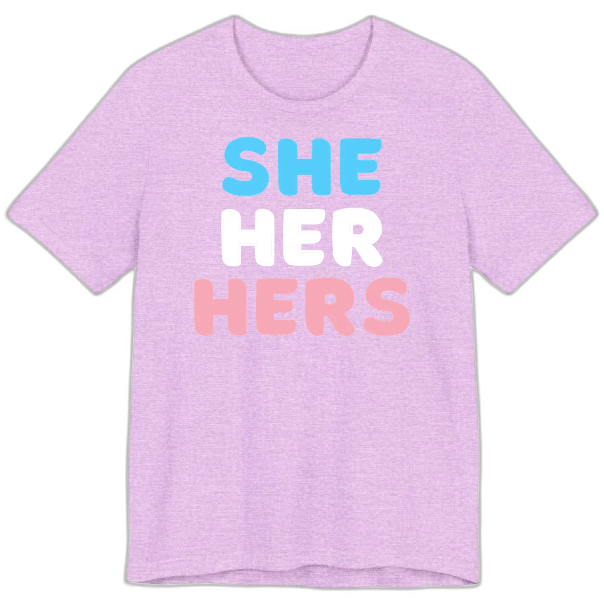 Bold three-line text design reading 'SHE HER HERS' in cyan, white, and pink colors representing she-her-hers pronouns in Heather Prism Lilac