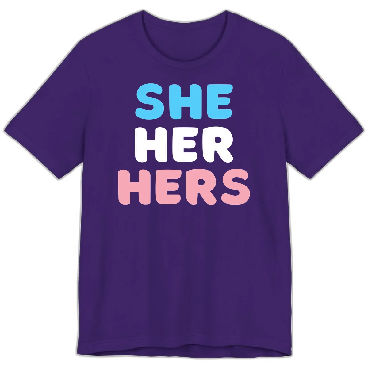 Bold three-line text design reading 'SHE HER HERS' in cyan, white, and pink colors representing she-her-hers pronouns in Team Purple