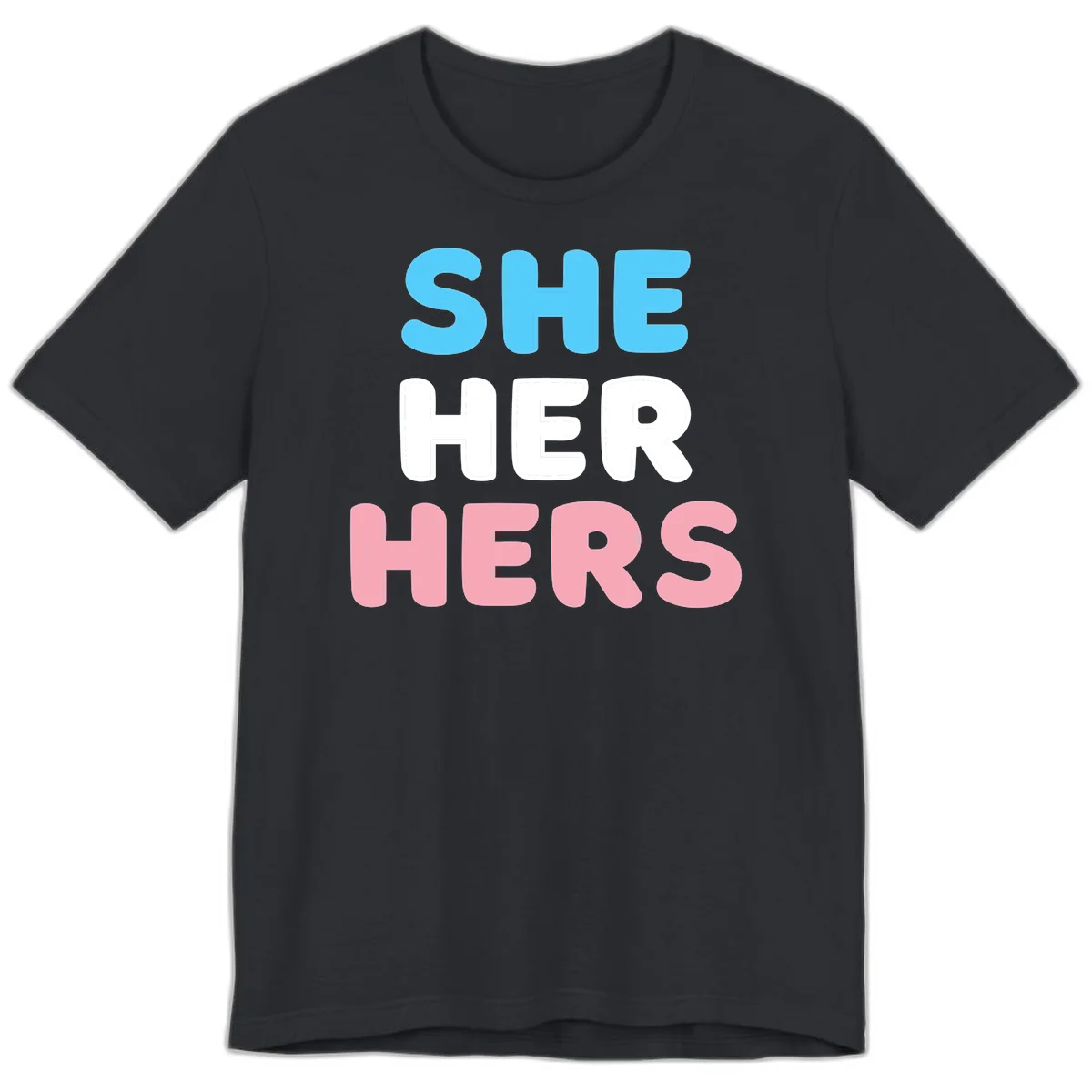 Bold three-line text design reading 'SHE HER HERS' in cyan, white, and pink colors representing she-her-hers pronouns in Vintage Black