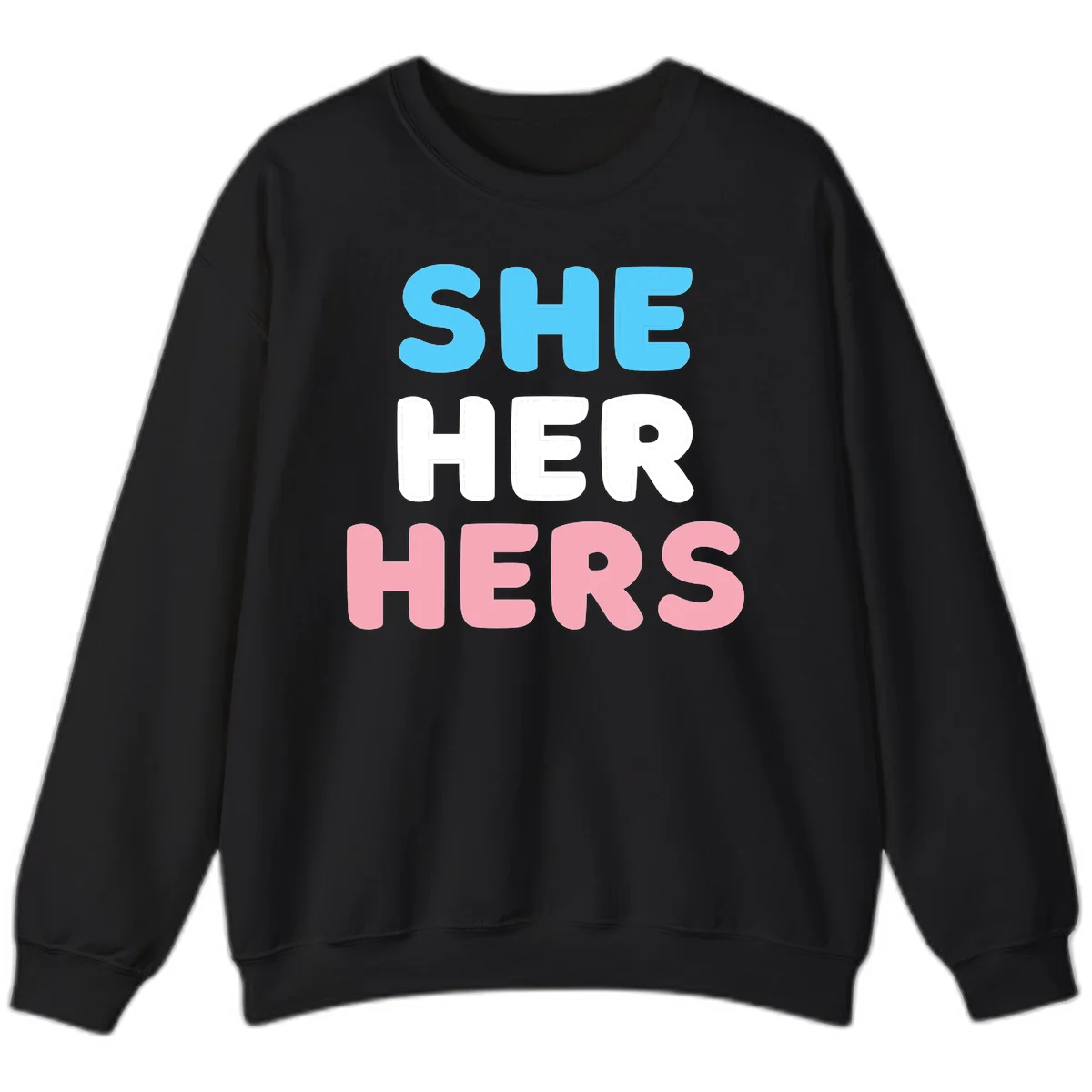 Bold three-line text design reading 'SHE HER HERS' in cyan, white, and pink colors representing she-her-hers pronouns in Black